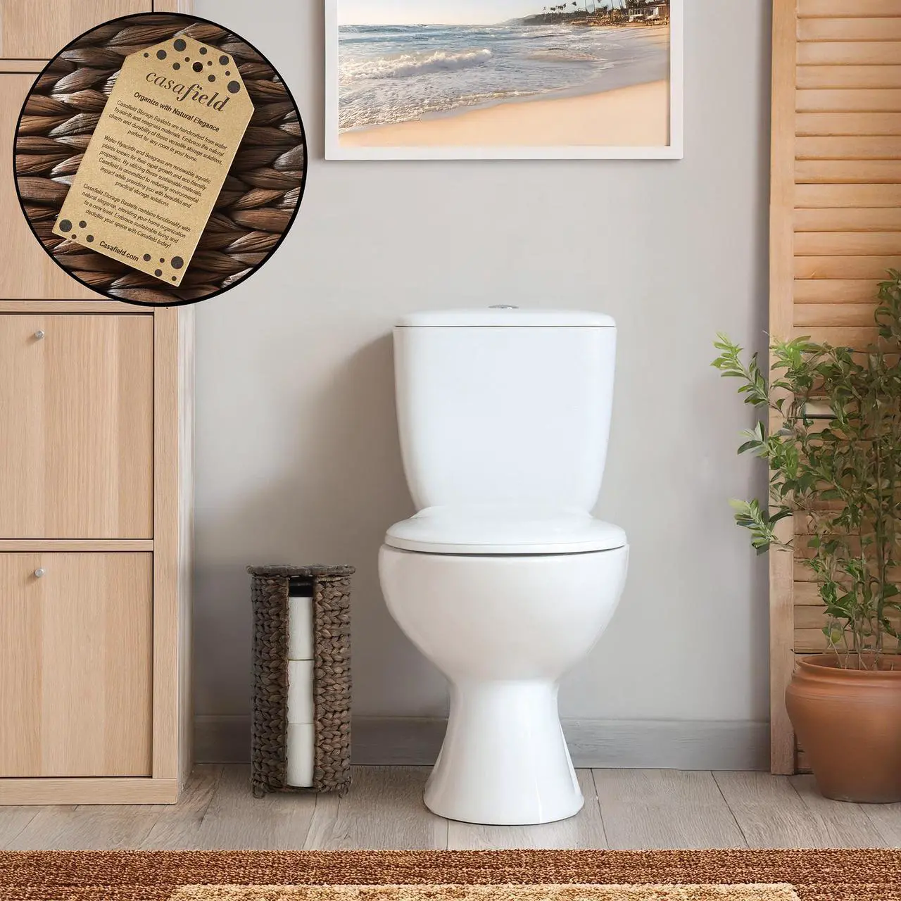 Alt view image 2 of 6 - Casafield Free Standing Toilet Paper Storage Roll Holder with Lid - Espresso, Fits 3 Rolls, Water Hyacinth Bath Tissue Organizer for Bathroom