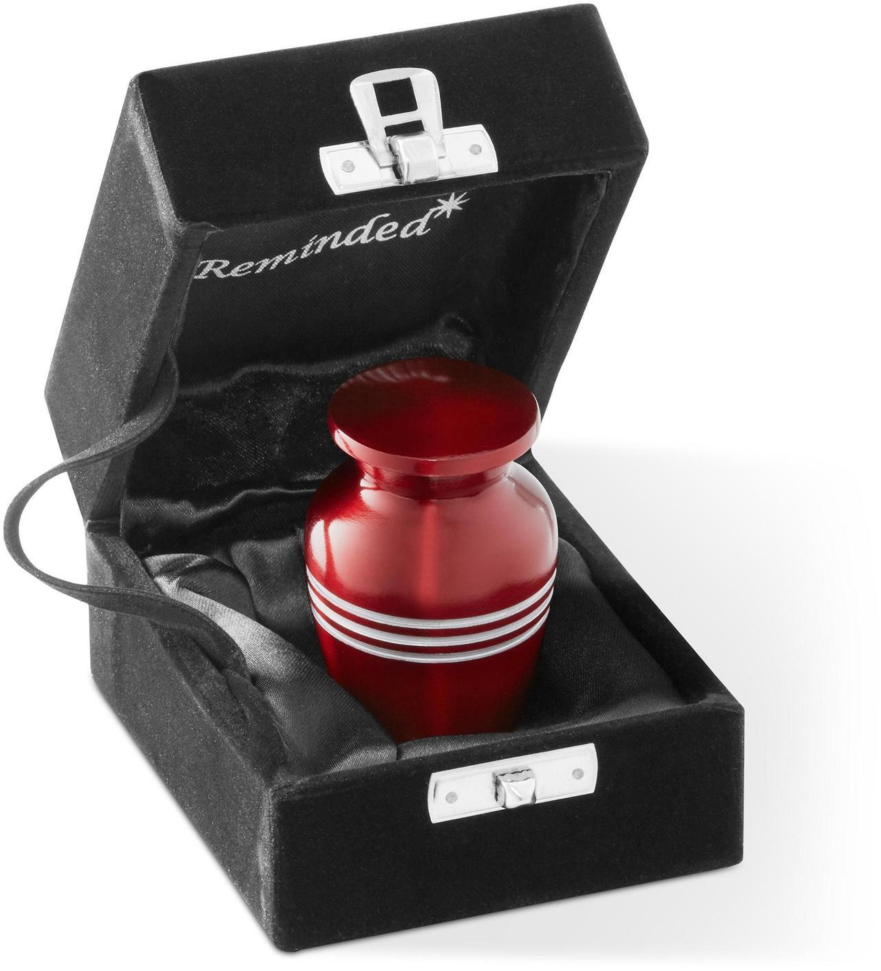 Main image of Reminded Small Cremation Memorial Urn for Human Ashes, Red with Silver Striped Miniature Keepsake Urn with Velvet Case