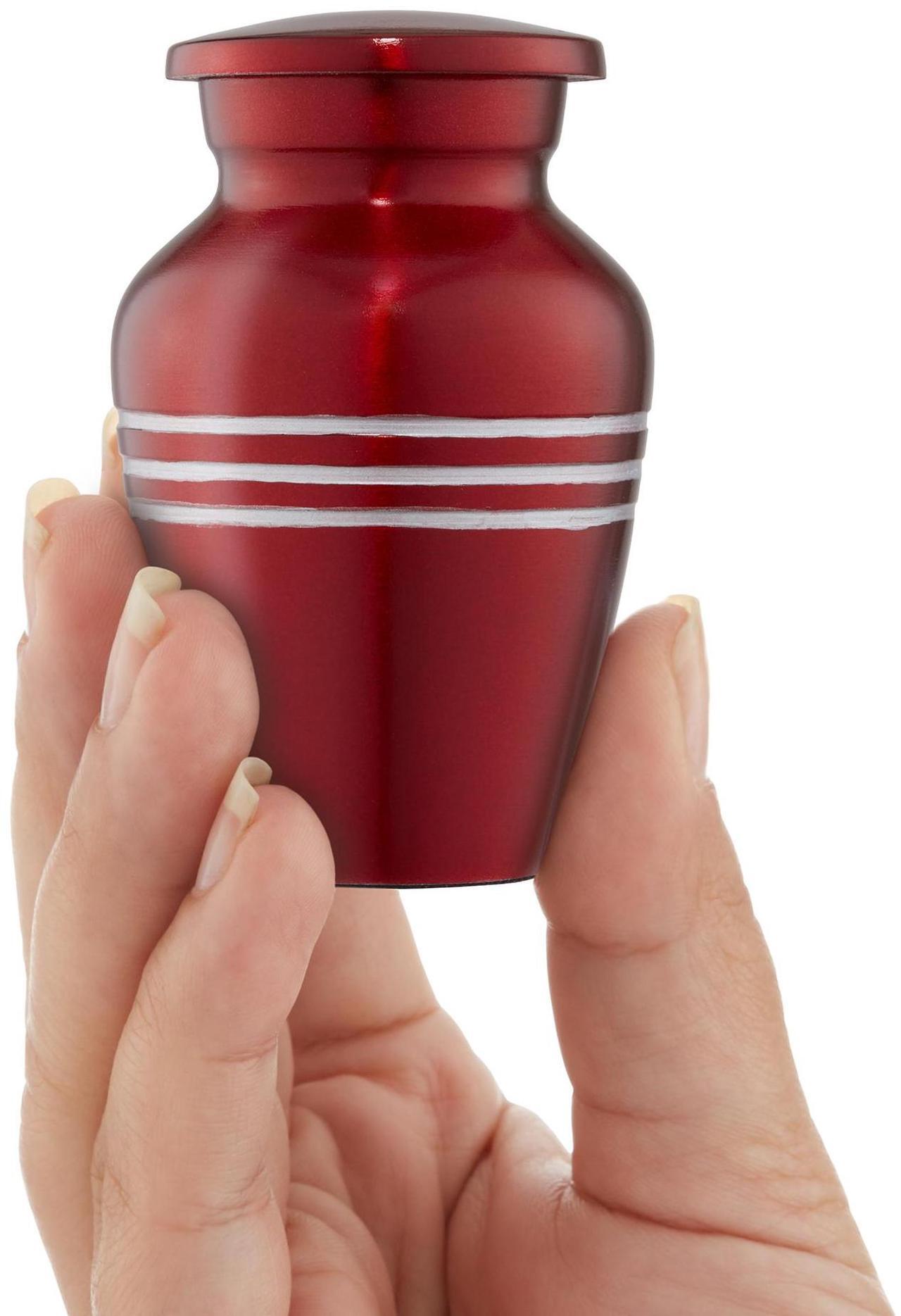 Alt view image 3 of 6 - Reminded Small Cremation Memorial Urn for Human Ashes, Red with Silver Striped Miniature Keepsake Urn with Velvet Case