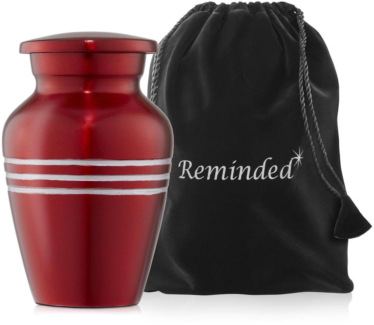 Alt view image 5 of 6 - Reminded Small Cremation Memorial Urn for Human Ashes, Red with Silver Striped Miniature Keepsake Urn with Velvet Case