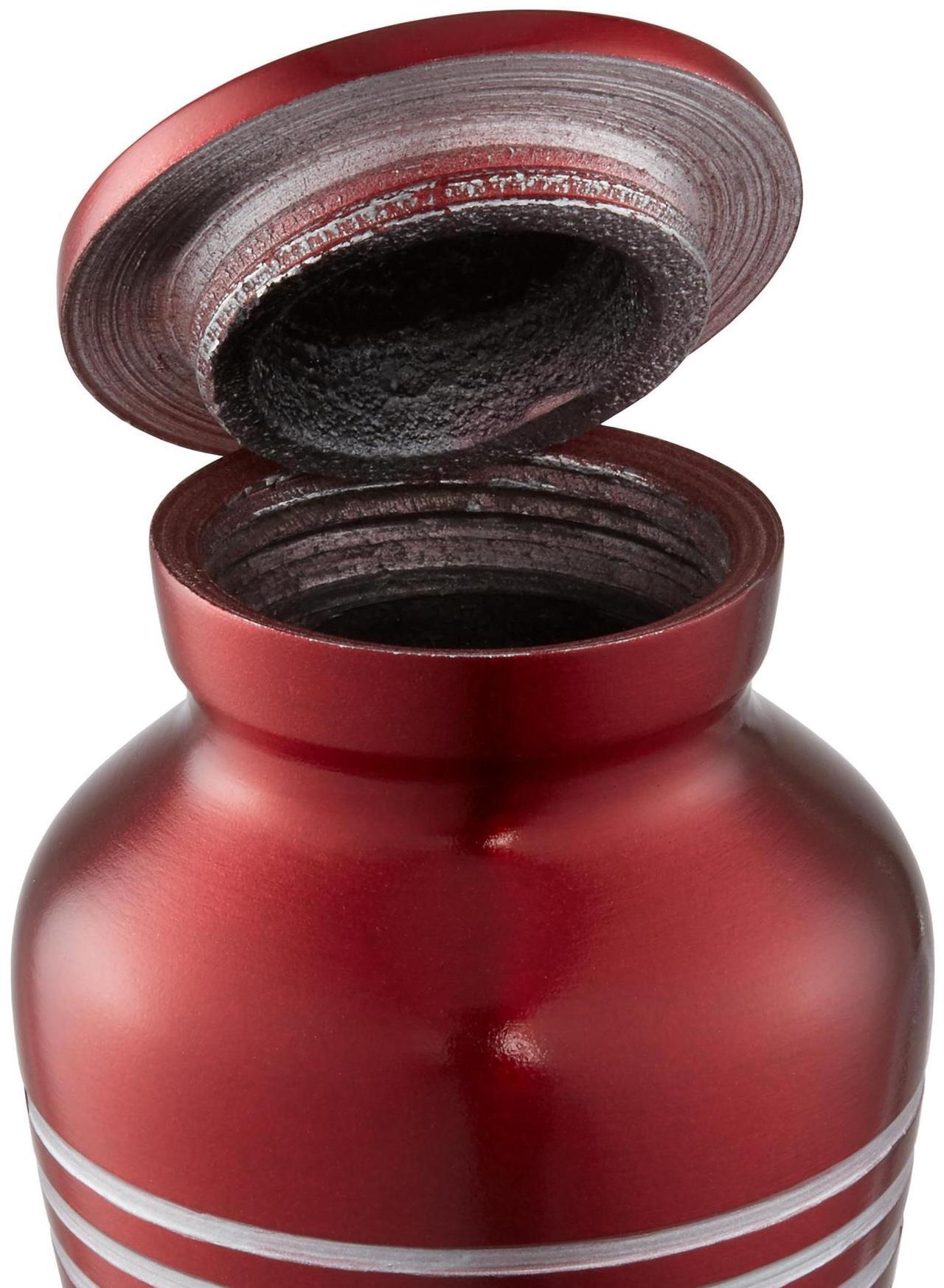 Alt view image 6 of 6 - Reminded Small Cremation Memorial Urn for Human Ashes, Red with Silver Striped Miniature Keepsake Urn with Velvet Case