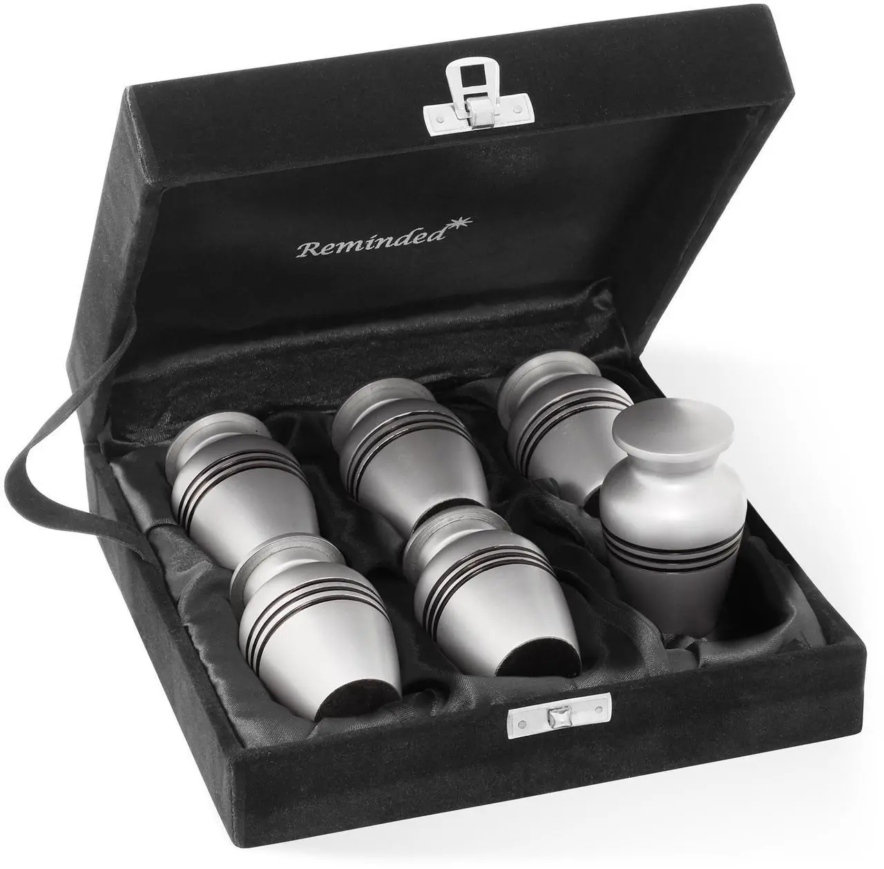 Main image of Reminded Small Cremation Keepsake Memorial Urns for Human Ashes, Set of 6 Silver and Black Striped Miniature Urns with Velvet Case and Bags