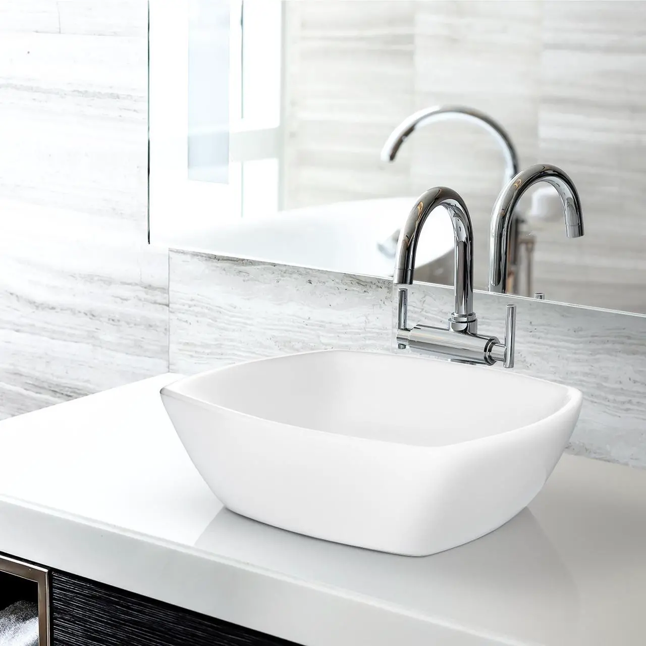 Alt view image 2 of 6 - Miligoré 16" x 16" Flared Square White Ceramic Vessel Sink - Modern Above Counter Bathroom Vanity Bowl