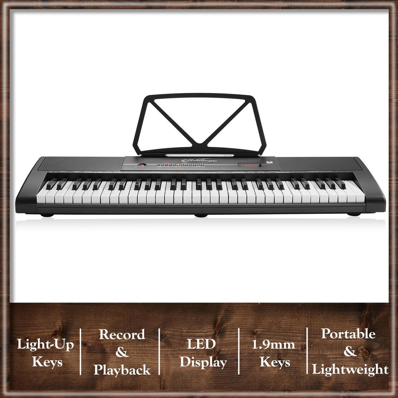 Alt view image 4 of 6 - Ashthorpe 61-Key Digital Electronic Keyboard Piano with Light Up Keys, Includes Stand, Bench, Headphones, Mic and Keynote Stickers