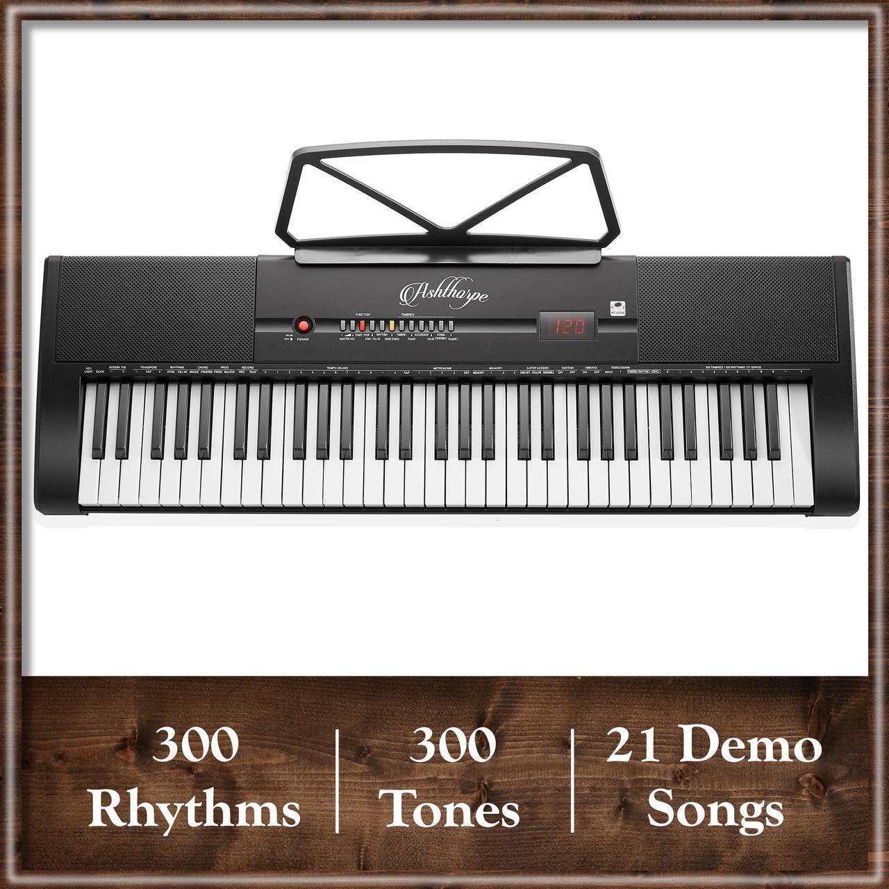 Alt view image 3 of 6 - Ashthorpe 61-Key Digital Electronic Keyboard Piano with Light Up Keys, Includes Stand, Bench, Headphones, Mic and Keynote Stickers