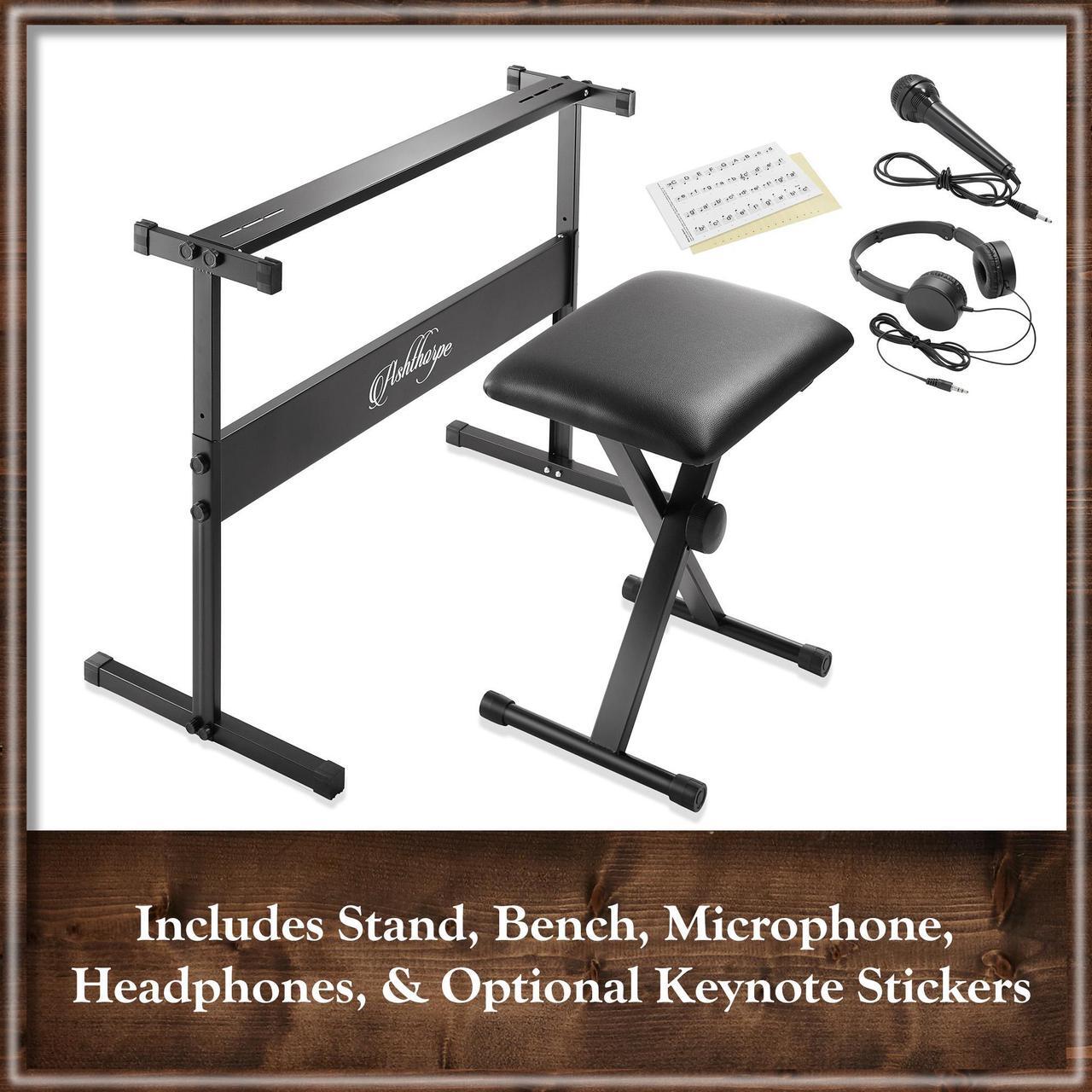 Alt view image 6 of 6 - Ashthorpe 61-Key Digital Electronic Keyboard Piano with Light Up Keys, Includes Stand, Bench, Headphones, Mic and Keynote Stickers