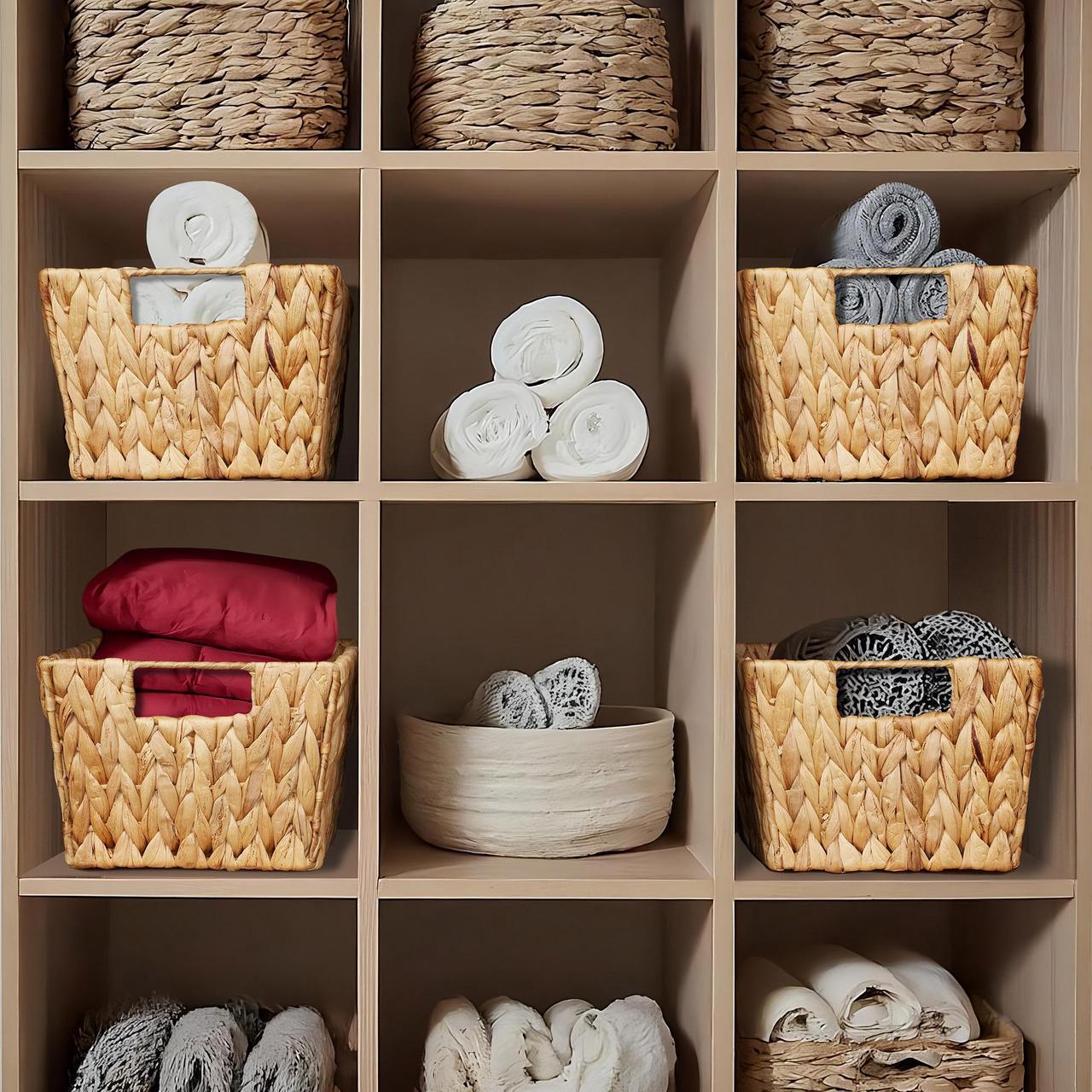Alt view image 3 of 6 - Casafield Set of 4 Water Hyacinth Storage Baskets with Handles - Natural, Woven Rectangular Storage Bins for Shelves, Blankets, Laundry Organization