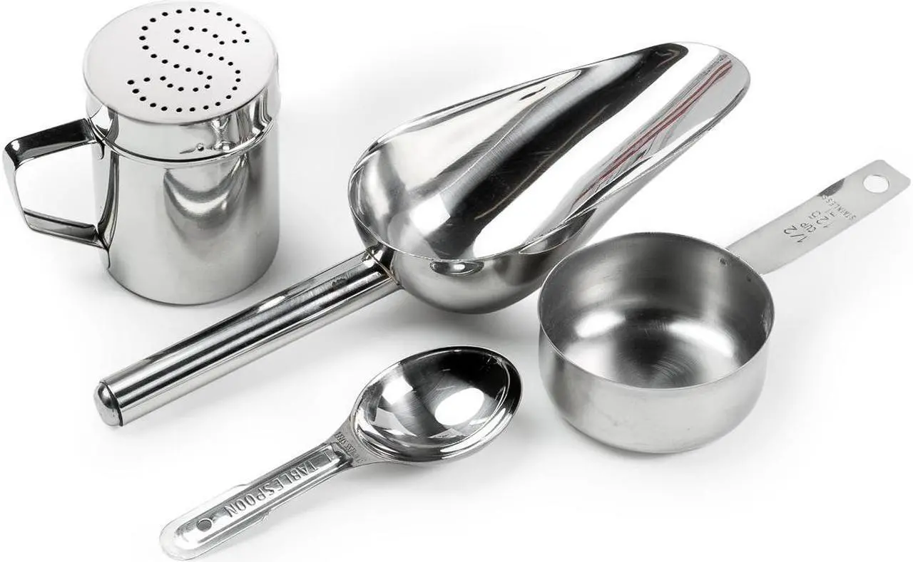 Main image of Olde Midway Stainless Steel Popcorn Machine Accessories - 4 Piece Set with Measuring Spoons, Scoop, and Salt Shaker