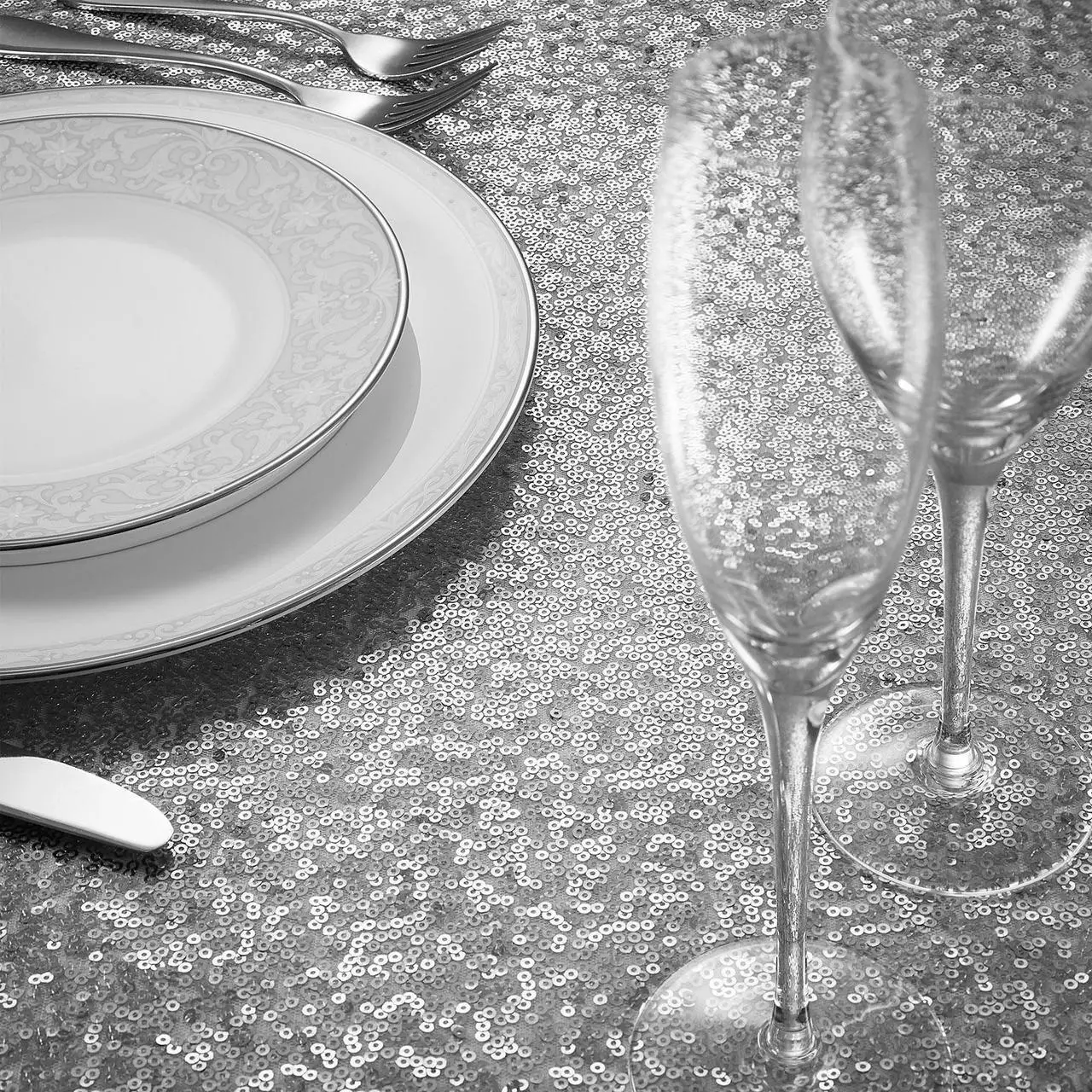 Alt view image 5 of 6 - Lann's Linens 90" x 132" Silver Sequin Tablecloth, Sparkly Rectangle Table Cloth for Wedding, Party, Banquet