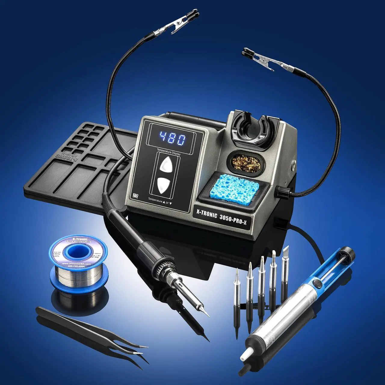 Alt view image 2 of 7 - X-Tronic Model 3050-PRO-X Digital LED Soldering Iron Station with 2 Convenient Helping Hands, 1-30 Minute Sleep Function, C/F Programmable, Solder Roll Holder, Brass Tip Cleaner, Wet Sponge