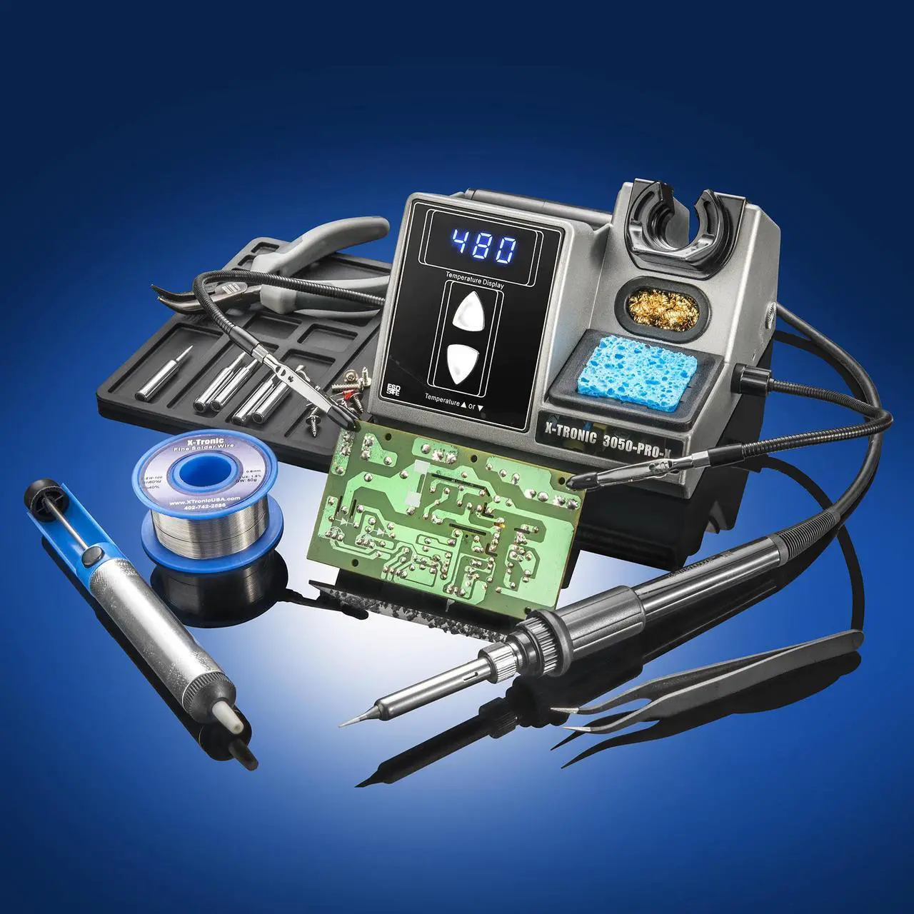 Alt view image 3 of 7 - X-Tronic Model 3050-PRO-X Digital LED Soldering Iron Station with 2 Convenient Helping Hands, 1-30 Minute Sleep Function, C/F Programmable, Solder Roll Holder, Brass Tip Cleaner, Wet Sponge