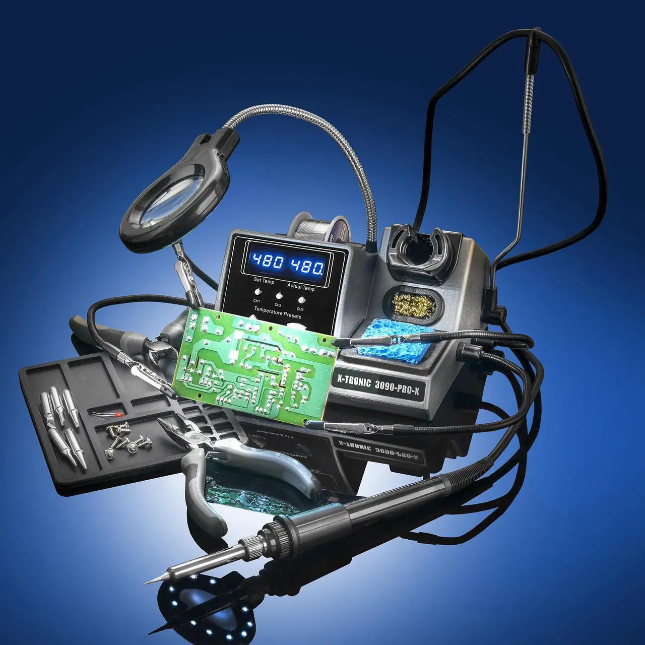 Alt view image 3 of 7 - X-Tronic 3090-PRO-X  75 W Soldering Iron Station  5 Extra Tips, 2 LED Displays, Sleep Func, C/F, 3 Temp Presets, Mini Mag Lamp, 4 Helping Hands, Solder Sucker, Tweezers, Solder, Brass & Wet Sponges