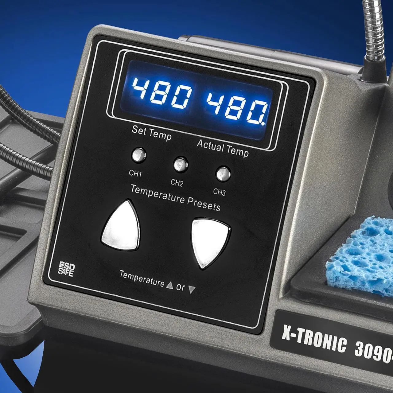 Alt view image 4 of 7 - X-Tronic 3090-PRO-X  75 W Soldering Iron Station  5 Extra Tips, 2 LED Displays, Sleep Func, C/F, 3 Temp Presets, Mini Mag Lamp, 4 Helping Hands, Solder Sucker, Tweezers, Solder, Brass & Wet Sponges