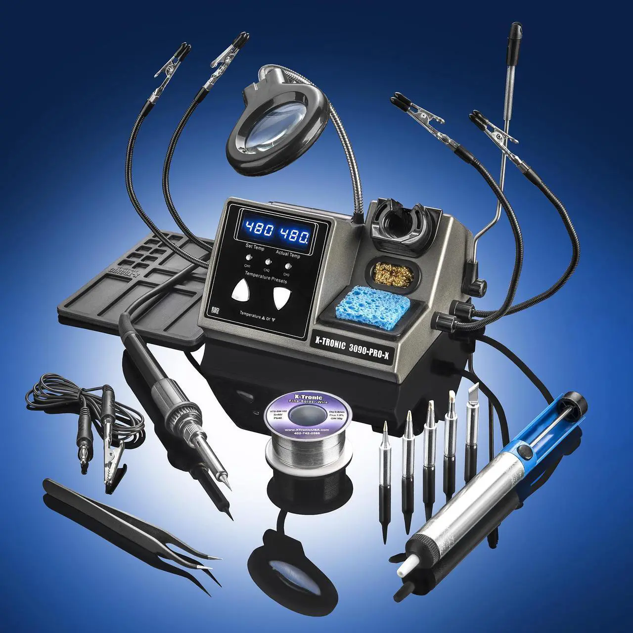 Alt view image 2 of 7 - X-Tronic 3090-PRO-X  75 W Soldering Iron Station  5 Extra Tips, 2 LED Displays, Sleep Func, C/F, 3 Temp Presets, Mini Mag Lamp, 4 Helping Hands, Solder Sucker, Tweezers, Solder, Brass & Wet Sponges