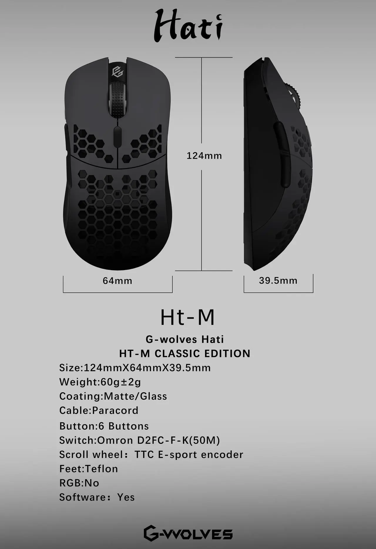 Alt view image 3 of 4 - G-Wolves Hati HT-M 3360 Ultra Lightweight Honeycomb Shell Wired Gaming Mouse up to 12000 cpi - 6 Buttons - 2.18 oz (61g) (Black & Dark Grey)