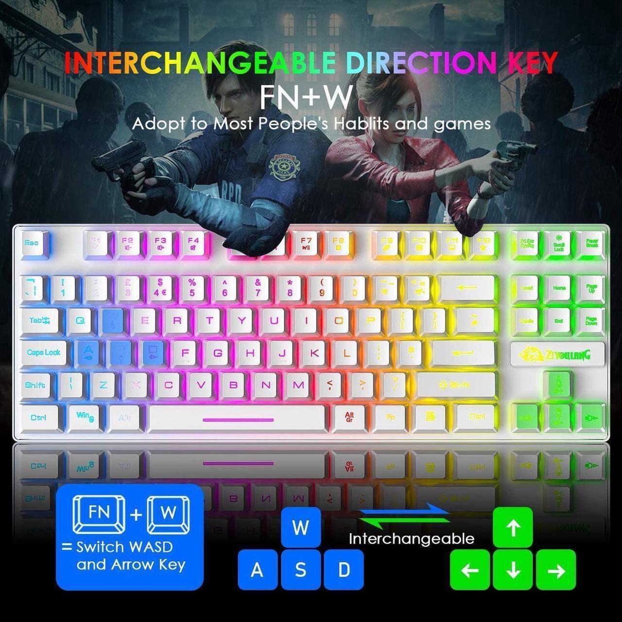Alt view image 4 of 7 - Gaming Keyboard and Mouse Combo,88 Keys Compact Rainbow Backlit Mechanical Feel Keyboard, RGB Backlit 6400 DPI Lightweight Gaming Mouse with Honeycomb Shell for Windows PC Gamers (White)