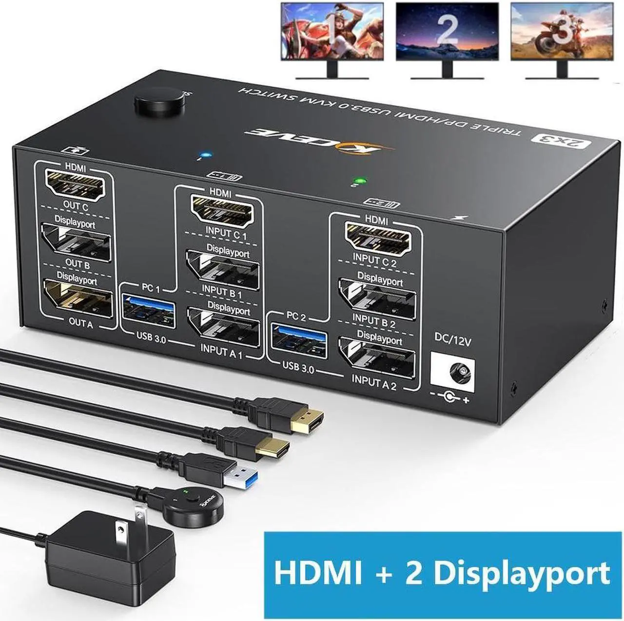 Main image of Triple Monitors KVM Switch HDMI 2 Displayport USB 3.0 KVM Switch 8K@60Hz, 4K@144Hz 3 Monitors 2 Computers KVM with 4 USB 3.0 Ports Included KVM Cables,HD-MI 8K@60Hz/4K@60Hz,DP 8K@30Hz/4K@144Hz