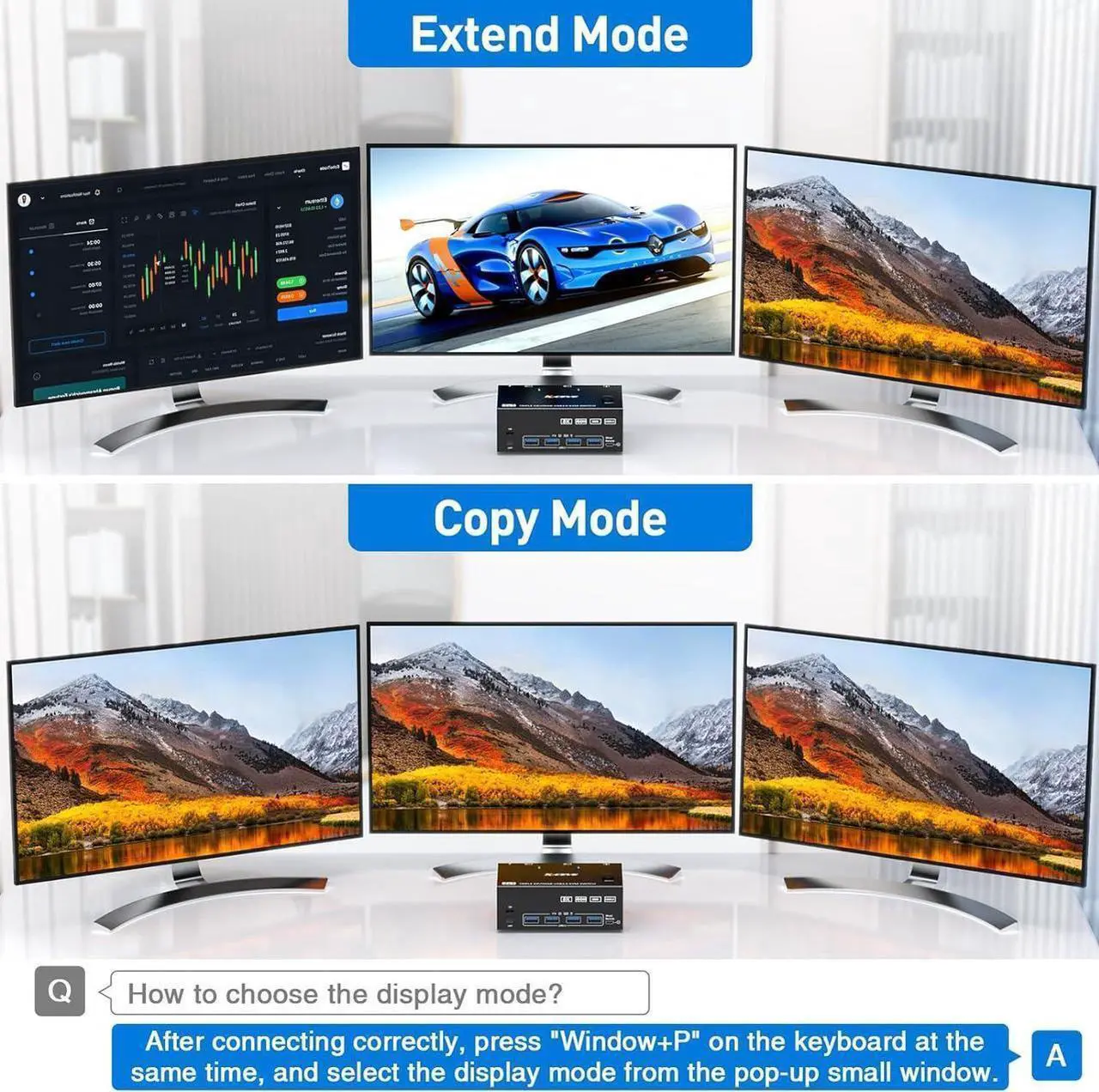 Alt view image 3 of 7 - Triple Monitors KVM Switch HDMI 2 Displayport USB 3.0 KVM Switch 8K@60Hz, 4K@144Hz 3 Monitors 2 Computers KVM with 4 USB 3.0 Ports Included KVM Cables,HD-MI 8K@60Hz/4K@60Hz,DP 8K@30Hz/4K@144Hz