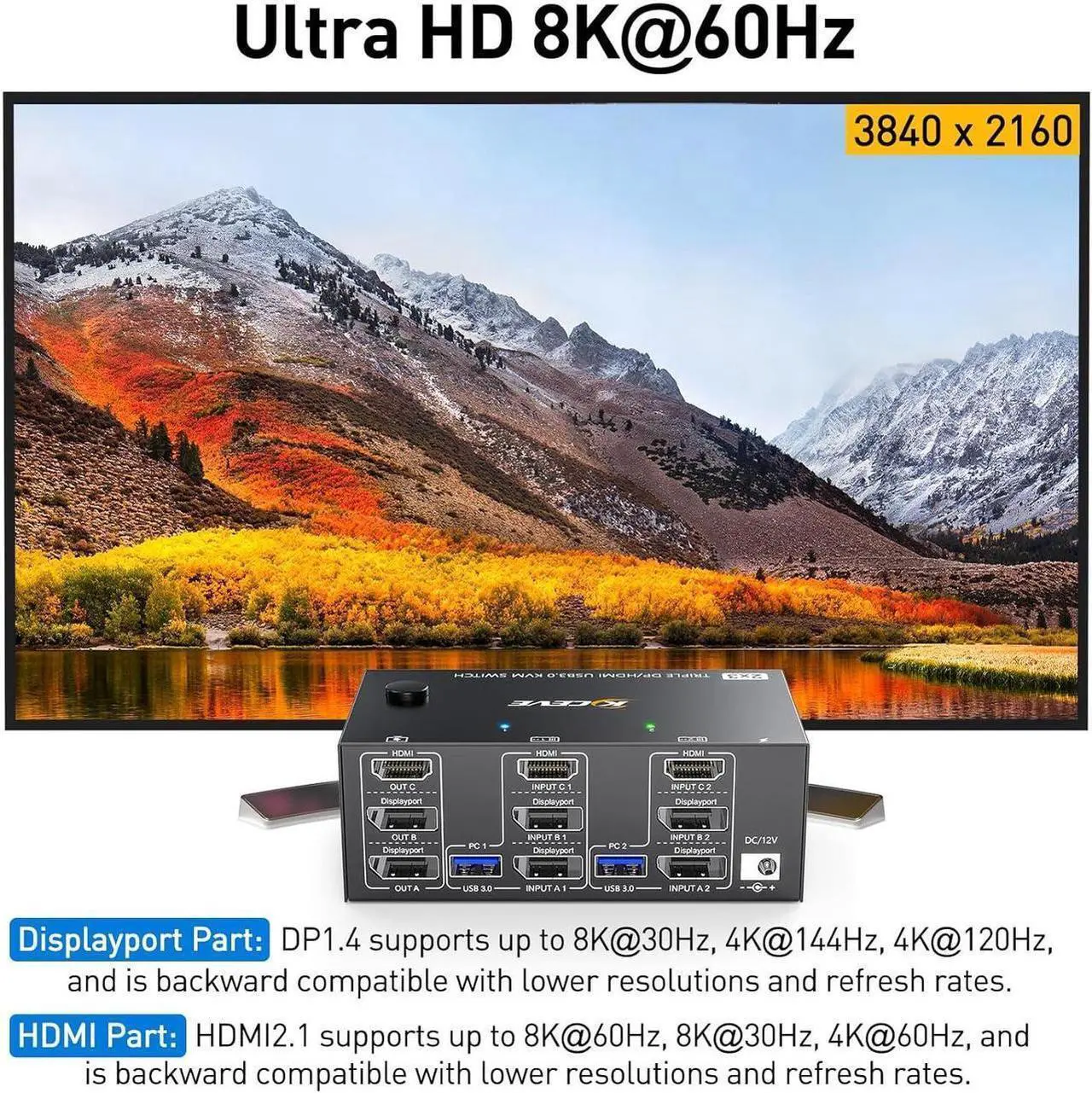 Alt view image 5 of 7 - Triple Monitors KVM Switch HDMI 2 Displayport USB 3.0 KVM Switch 8K@60Hz, 4K@144Hz 3 Monitors 2 Computers KVM with 4 USB 3.0 Ports Included KVM Cables,HD-MI 8K@60Hz/4K@60Hz,DP 8K@30Hz/4K@144Hz