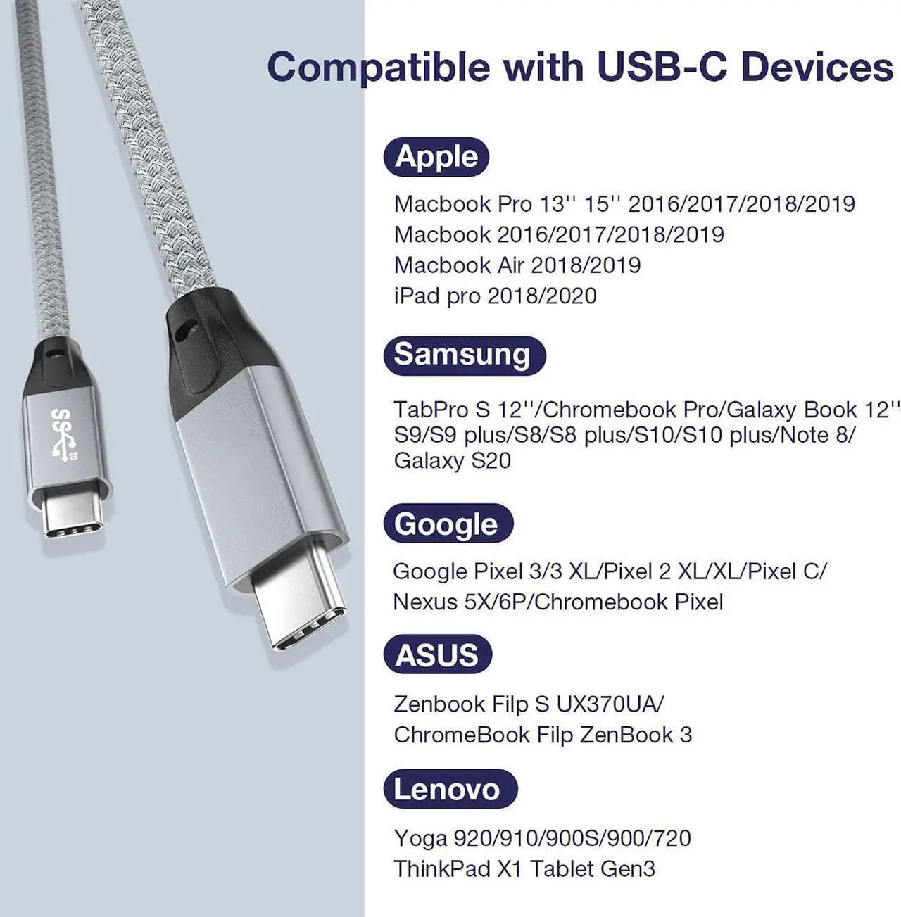 Main image of USB C to USB C 3.2 Cable 3.3FT/1M, 100W & 20Gbps USB 3.2 Gen 2X2 Cable, 4K @60Hz Video Cord with E-Marker for Thunderbolt 3/4, iMac, MacBook, Dell XPS, iPad Pro, Galaxy S21, Switch etc