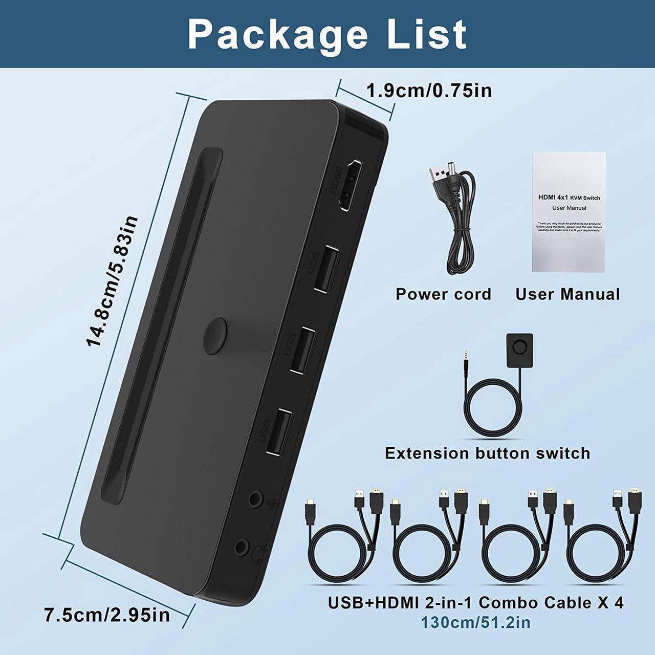 Main image of 4 Port KVM HDMI Switch with Audio Microphone and 3 x USB Hub - 4K @60Hz 4 in 1 Out HDMI USB Switch Supports Keyboard Mouse with USB+HDMI Combo Cables x4|USB Power Cable|Wire Remote Switch