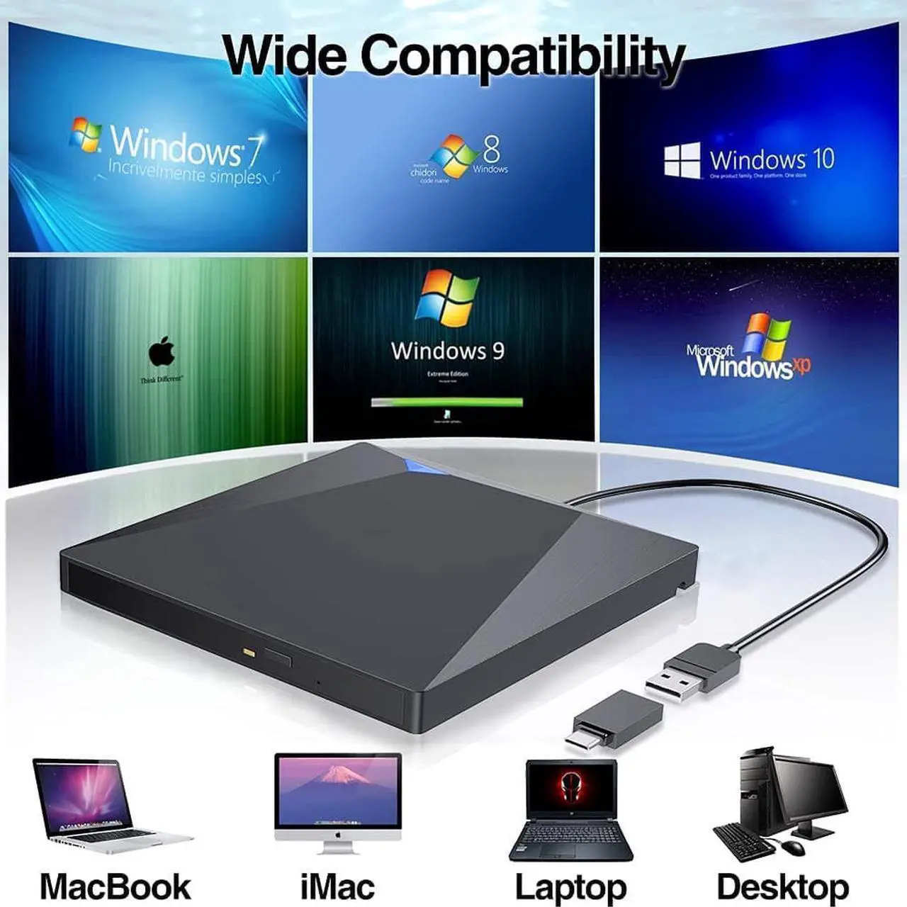 Main image of External CD DVD RW Drive, USB 3.0 Type-C Portable USB C Superdrive DVD Burner Player Writer CD DVD +/- RW, Compatible with Windows 10 8 7 XP Vista Mac OS Linux for Mac Pro Air iMac Laptop