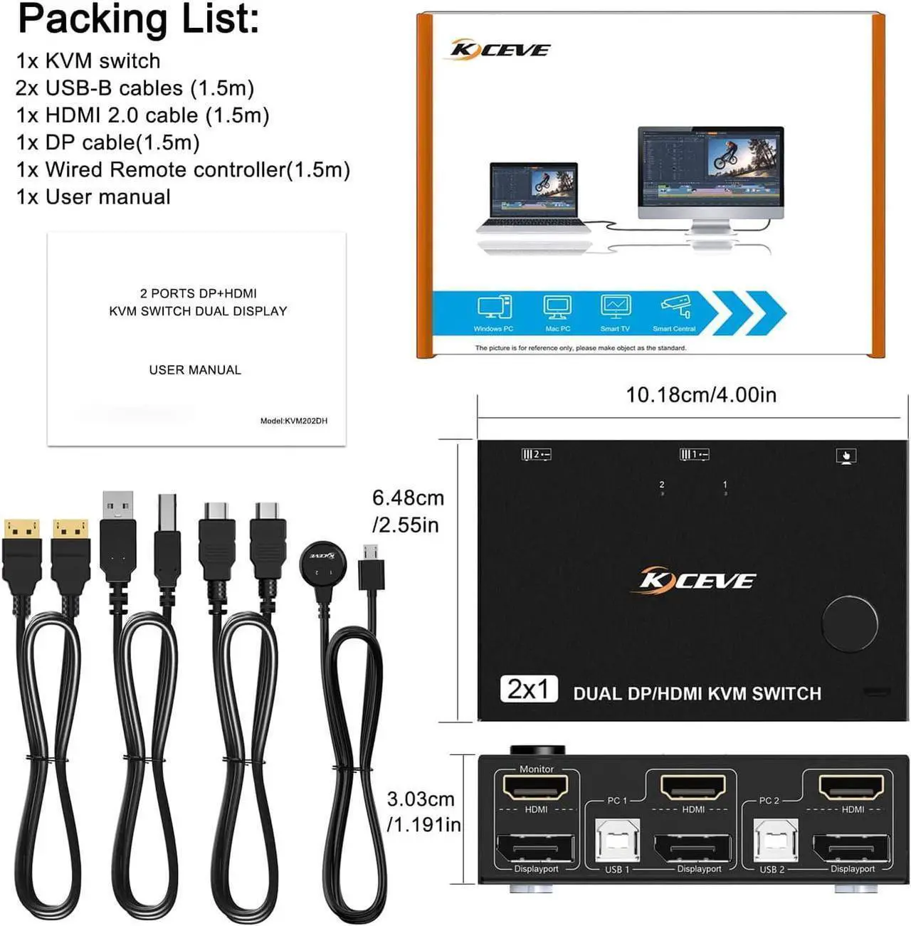 Alt view image 6 of 6 - Dual Monitor HDMI + Displayport KVM Switch 4K @60Hz 2K @120Hz, HDMI DP Extended Display Switcher for 2 Computers Share 2 Monitors and 4 USB 2.0 Ports, Wired Remote and 4 Cables Included