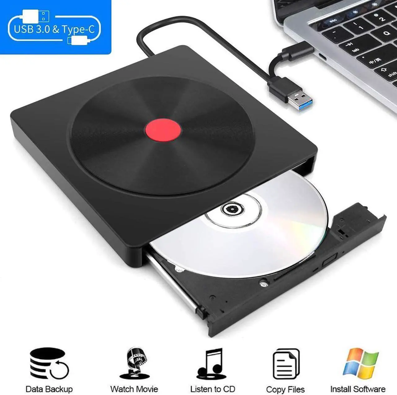 Main image of External CD DVD Drive, Type C USB 3.0 Portable CD/DVD RW Writer Burner, Low Noise High Speed Transfer Drive, Compatible with Laptop, Desktop, Windows XP/2003/Vista/7/8/10, Linux, Mac OS