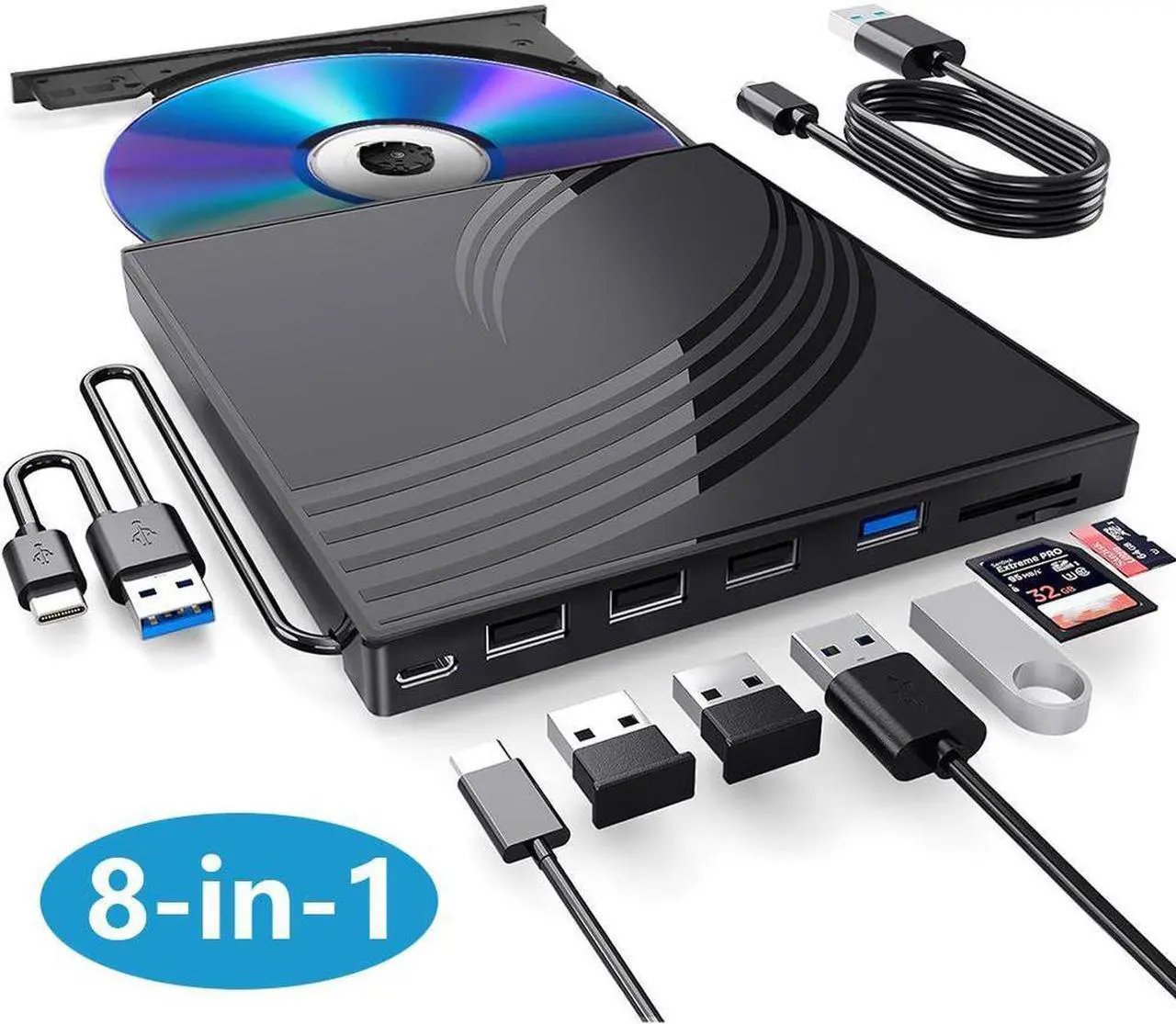 Main image of [8 in 1] External CD/DVD Drive for Laptop, USB 3.0 Ultra Slim External CD/DVD Player with 4 USB-A Ports, 1 Type-C Port, 2 TF/SD Card Slots, External CD/DVD Burner Compatible with macOS/Windows/Linux