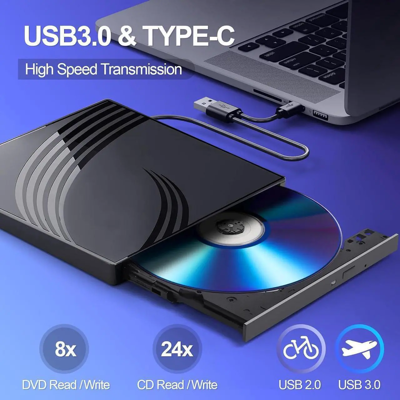 Alt view image 2 of 7 - [8 in 1] External CD/DVD Drive for Laptop, USB 3.0 Ultra Slim External CD/DVD Player with 4 USB-A Ports, 1 Type-C Port, 2 TF/SD Card Slots, External CD/DVD Burner Compatible with macOS/Windows/Linux