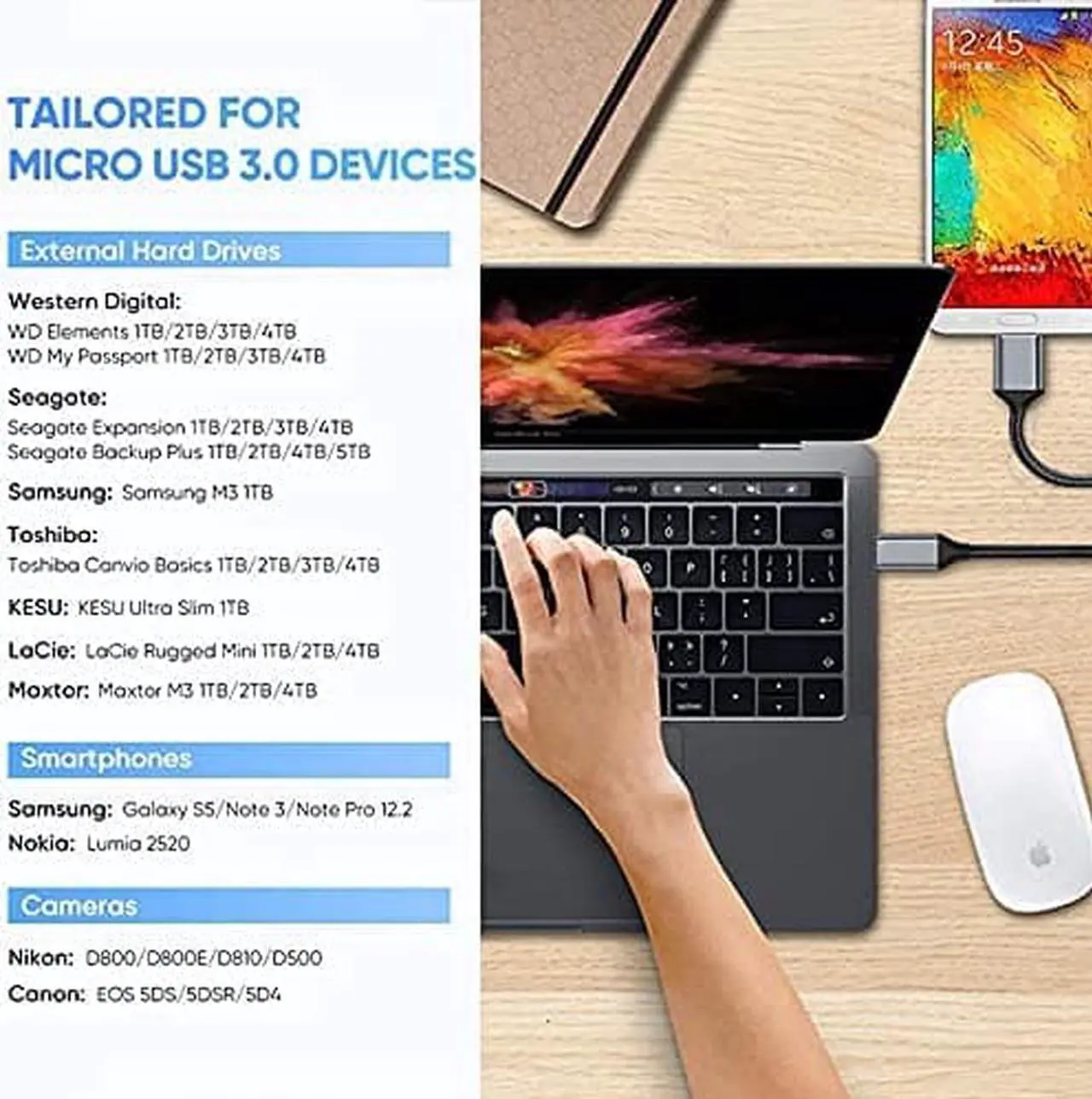 Alt view image 7 of 7 - USB C to Micro B Cable 3.0, Type C to Micro B Hard Drive Cable, Micro B to USB Type C Cable for Toshiba Canvio, Seagate, WD External Hard Drive, Chromebook Pixel and More (1 Pack-3.3ft / 1M)
