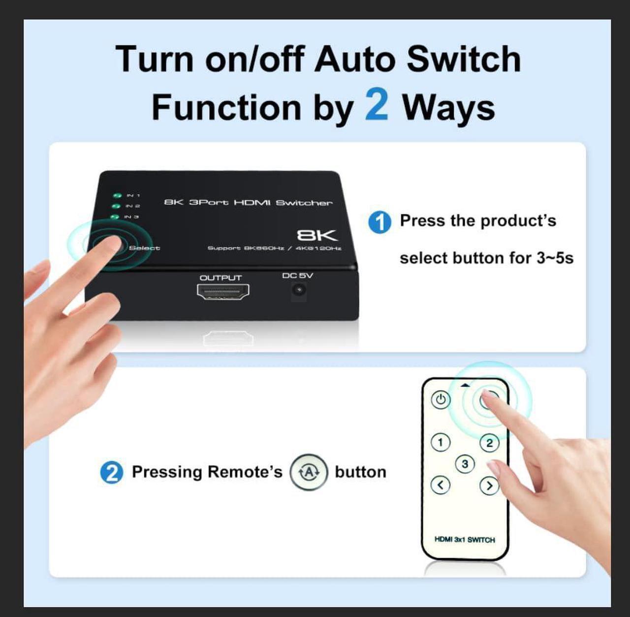 Alt view image 5 of 7 - 3 in 1 Out HDMI 2.1 Switch 8K@60Hz, 4K@120Hz HDMI Switcher 3 Port, 8K HDMI Auto Switch 3x1 Selector with IR Remote for Xbox,PS5,PS4,UHD TV, Support 48Gbps, HDCP 2.3,HDR 10+, 1080P@240Hz