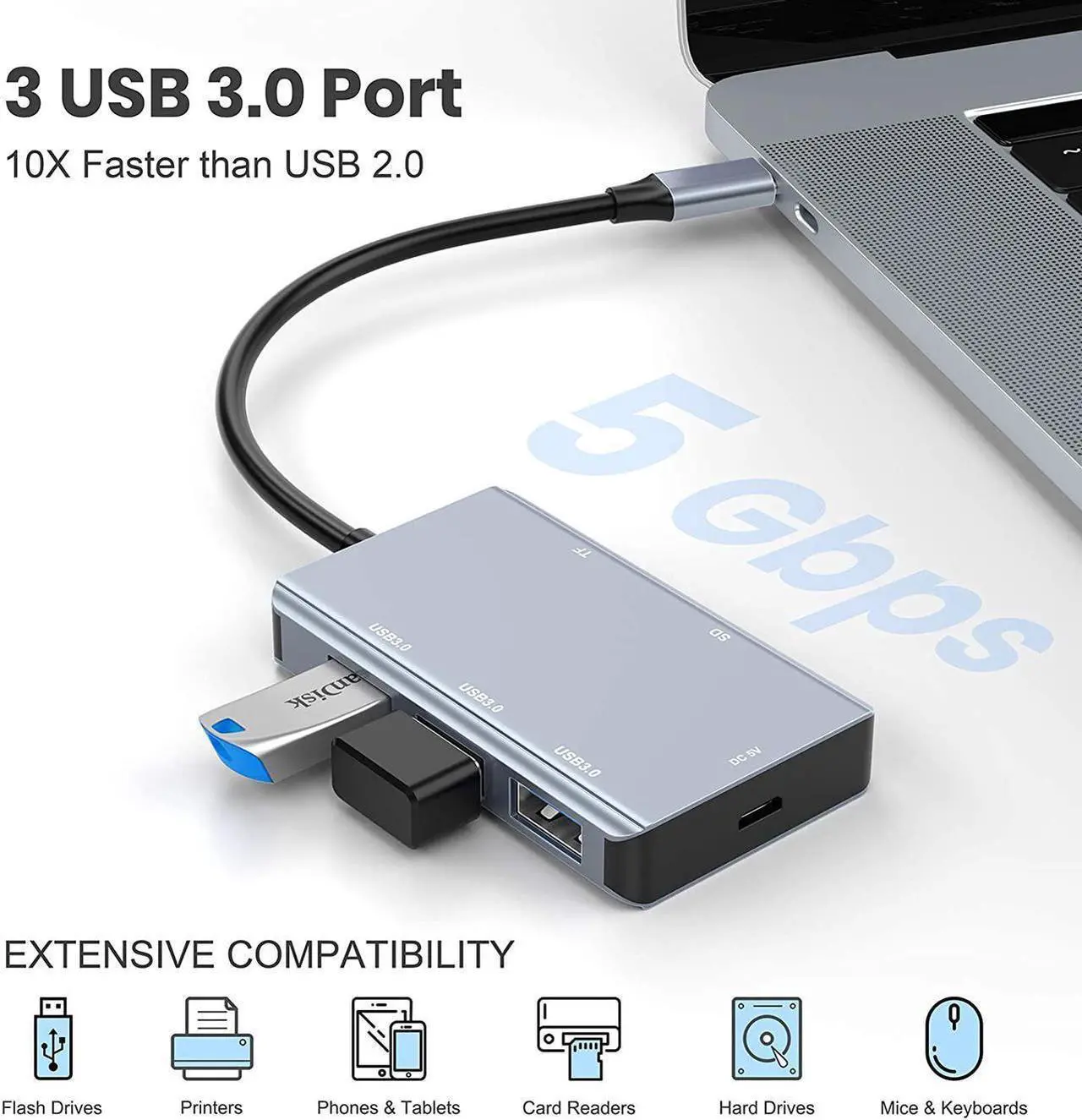 Alt view image 3 of 7 - 5-in-1 USB C Hub with SD Card Reader, USB C to SD Card Reader Adapter with 3 USB 3.0 Port & 5V Power Supply, 2TB Capacity Memory Card for MacBook Camera Android Windows Linux and Other Type C Device