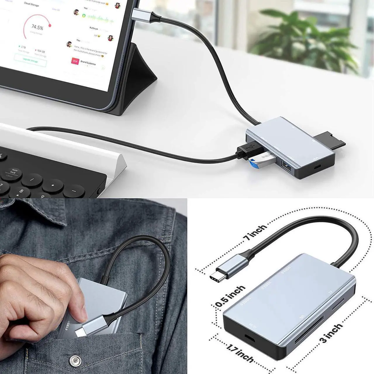 Alt view image 6 of 7 - 5-in-1 USB C Hub with SD Card Reader, USB C to SD Card Reader Adapter with 3 USB 3.0 Port & 5V Power Supply, 2TB Capacity Memory Card for MacBook Camera Android Windows Linux and Other Type C Device