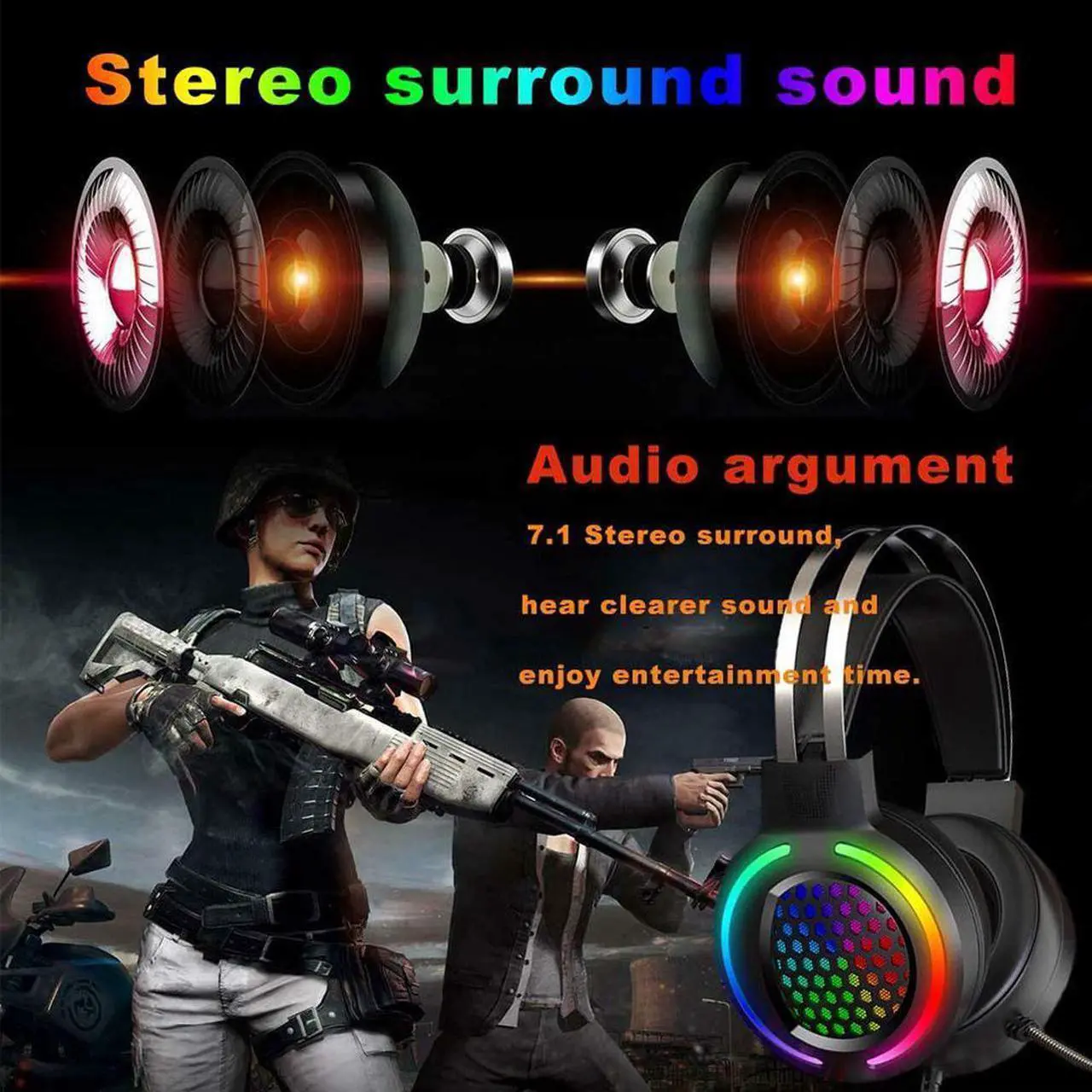 Alt view image 3 of 7 - Gaming Headset with 7.1 Surround Sound,PC Lightweight Headset with Noise Canceling Mic,Bass Surround,Soft Memory Earmuffs,Rainbow Backlit for PC,PS4,Xbox One Controller (Adapter Not Included)