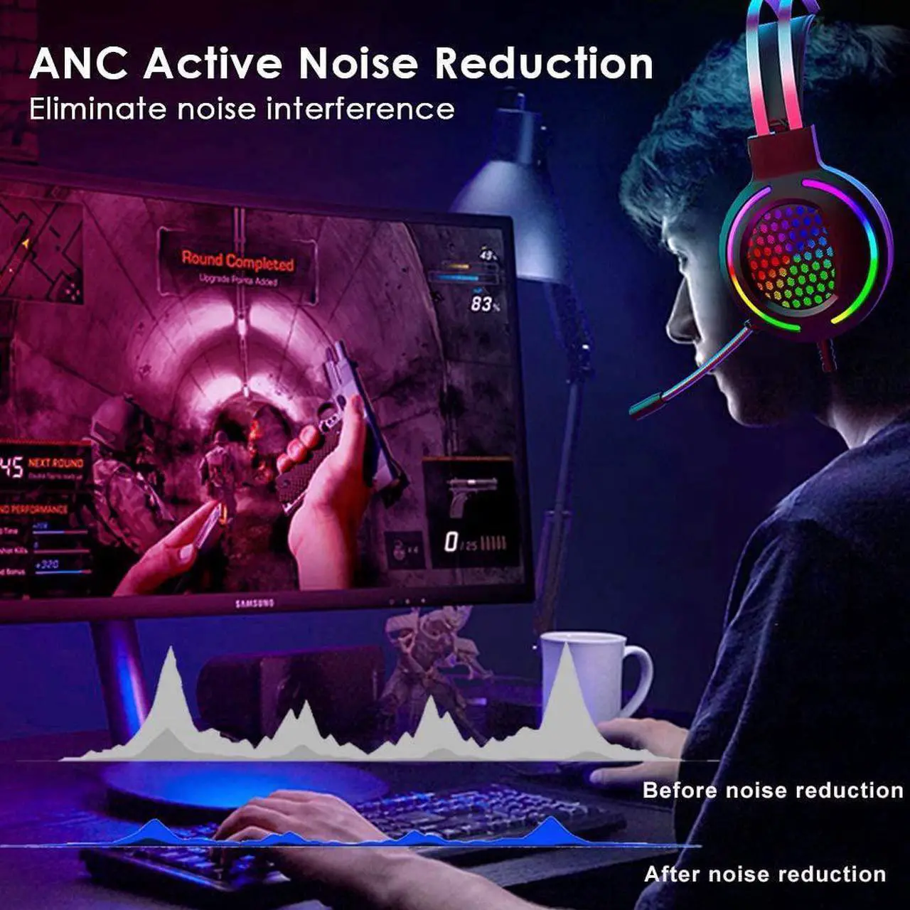 Alt view image 7 of 7 - Gaming Headset with 7.1 Surround Sound,PC Lightweight Headset with Noise Canceling Mic,Bass Surround,Soft Memory Earmuffs,Rainbow Backlit for PC,PS4,Xbox One Controller (Adapter Not Included)