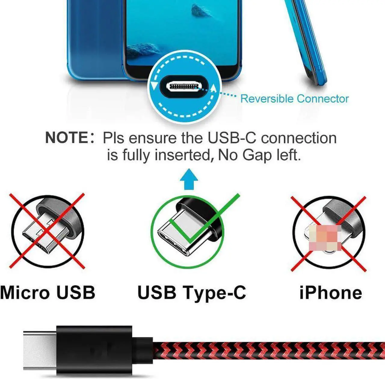 Main image of USB C Cable Fast Charging Cable, [5-Pack, 3/3/6/6/10 ft] USB A to Type C Cable Nylon Braided Fast Charger Cord Compatible with Galaxy S10 S10e S9 S8 Plus, Note 9 8 10 etc. Smartphones (Black&Red)