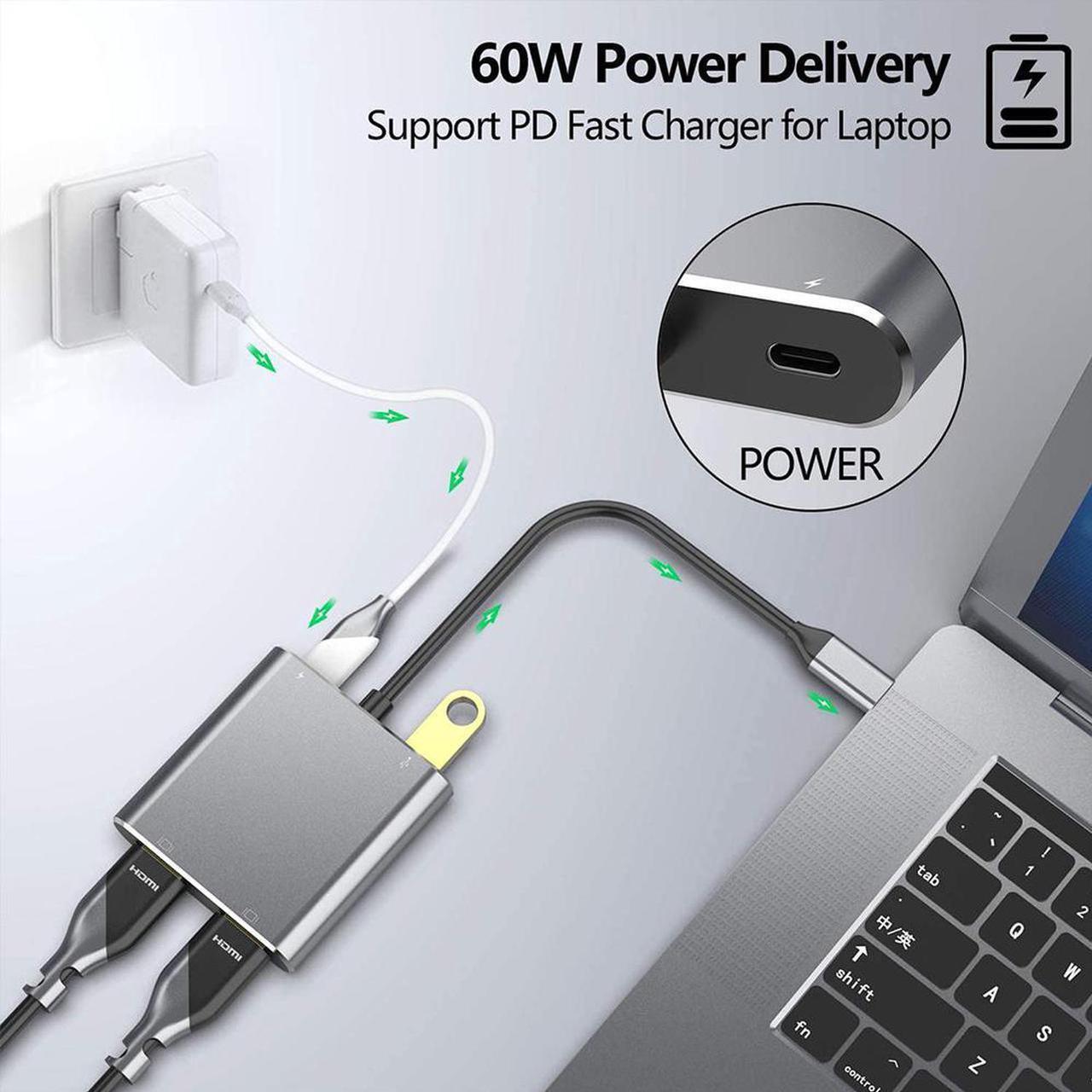 Alt view image 4 of 7 - USB C Type C to Dual HDMI USB 3.0 Type-C PD Converter 4 in 1 USB C Dock Station Hub 4K Hdmi Adapter Cable for Phone Macbook Laptop TV Monitor (Gray)
