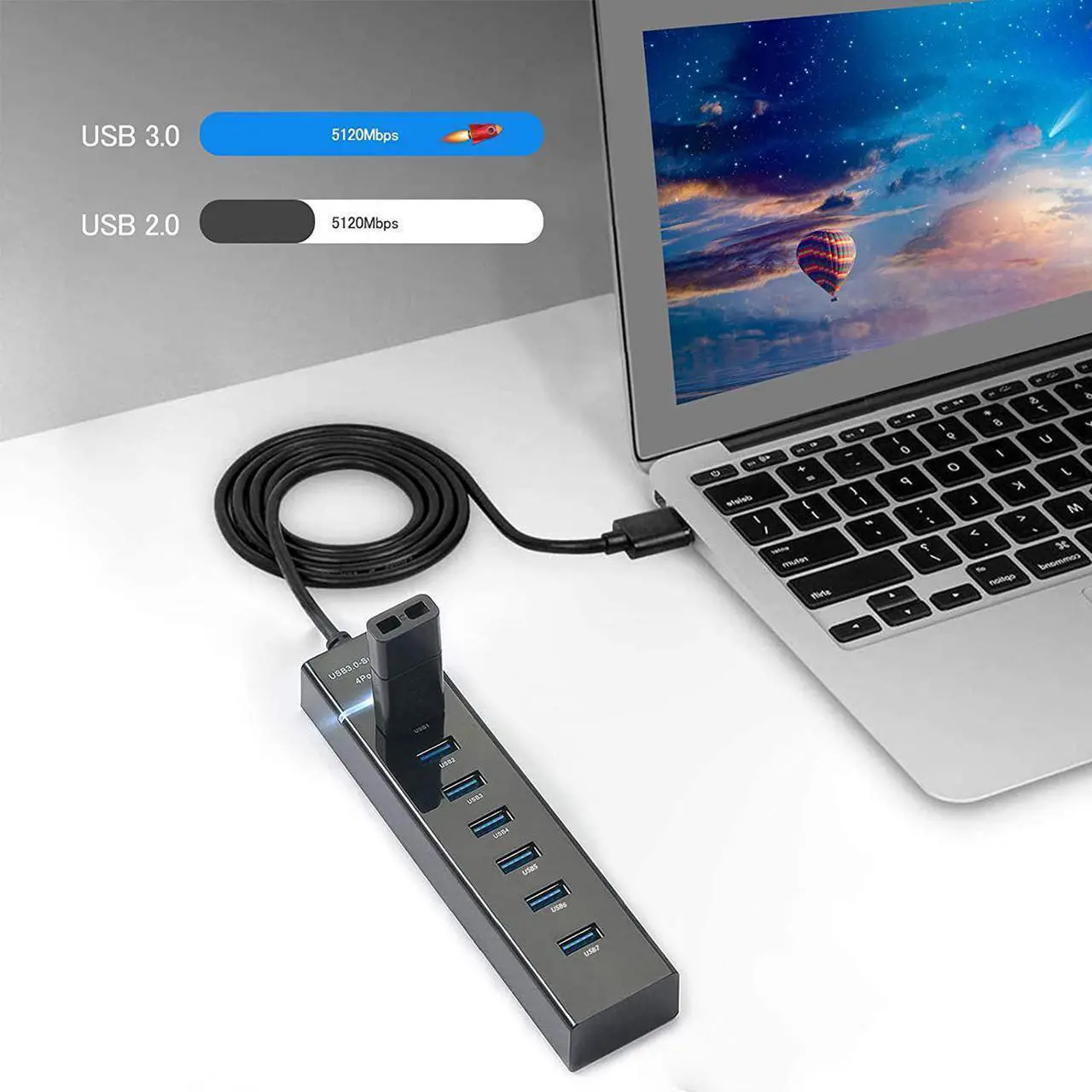 Alt view image 2 of 7 - USB HUB 3.0, 7 Port USB HUB Splitter with LED Light and 1.2m Long Cable for Laptop,PC, Mac, Surface Pro and More USB Devices (Black)