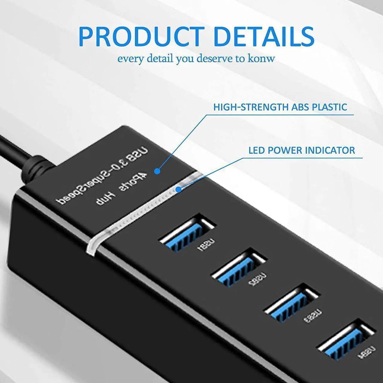 Alt view image 4 of 7 - USB HUB 3.0, 7 Port USB HUB Splitter with LED Light and 1.2m Long Cable for Laptop,PC, Mac, Surface Pro and More USB Devices (Black)