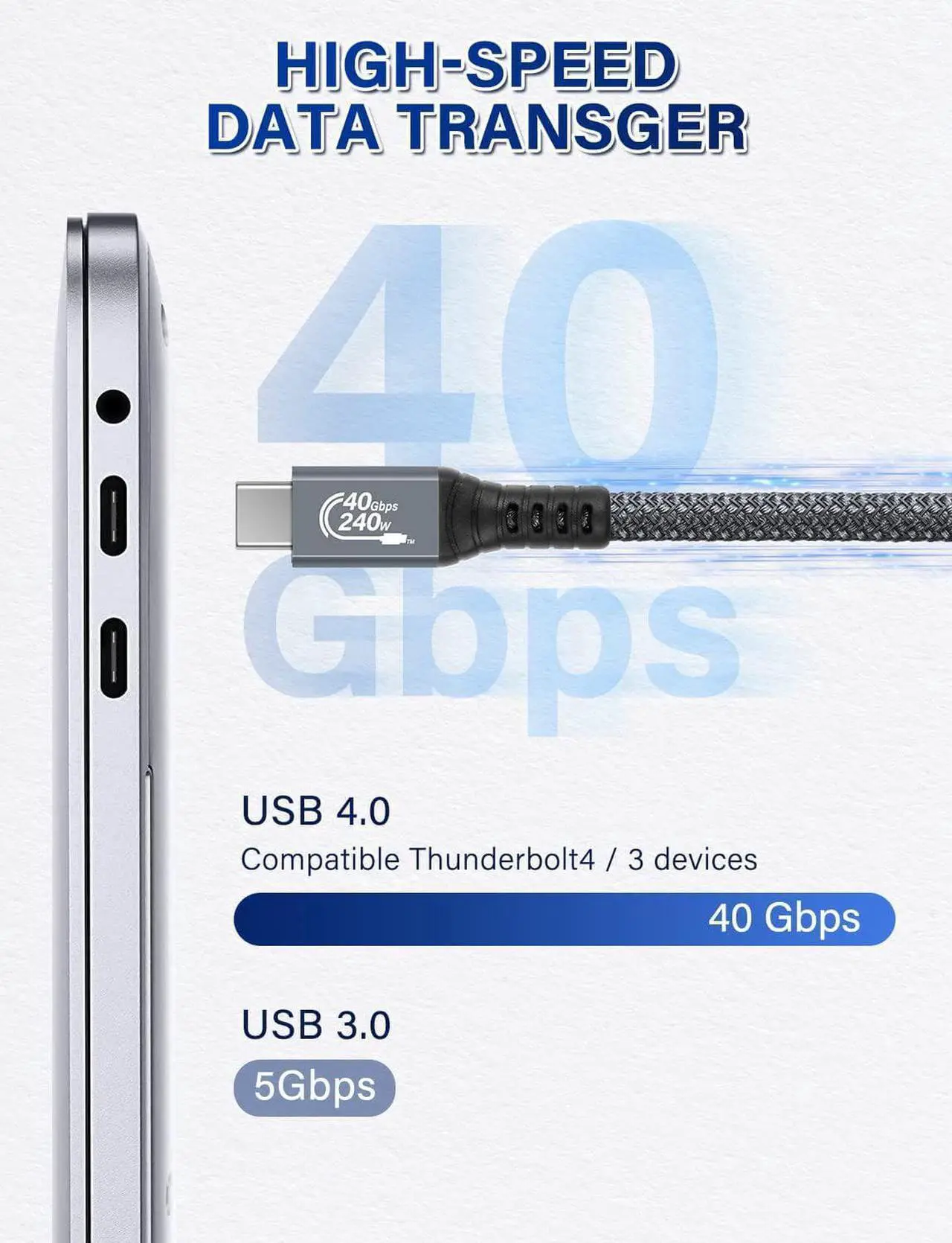 Alt view image 3 of 7 - [Upgraded] USB4 Cable Compatible with Thunderbolt 4/3 Cable 1M / 3.3 ft, Supports 240W Charging / 8K Display / 40Gbps Data Transfer USB C to USB C USB 4 Cable, for Type-C Latops, Hub, Docking and More