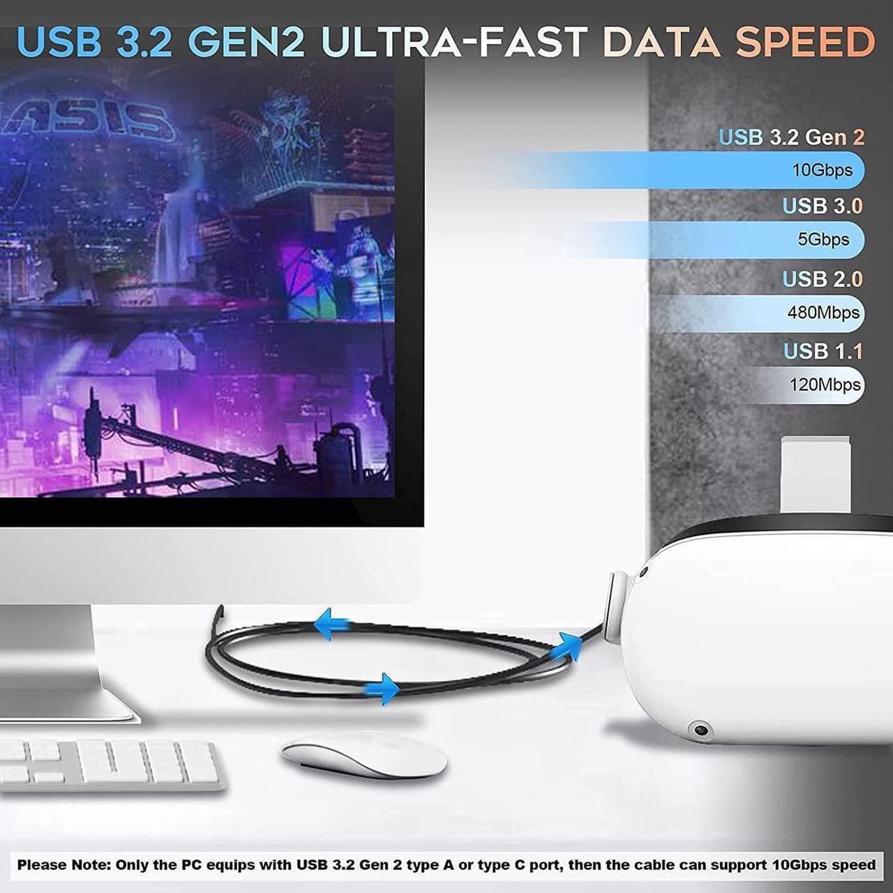 Alt view image 2 of 7 - 16FT/5M USB C to USB C High Speed Data Transfer & Fast Charging Cord 90 Degree Angled Cable Compatible for Oculus Link Quset 2 and Quest Steam VR, USB 3.2 Gen 2 10Gbps Virtual Reality Headset Cable