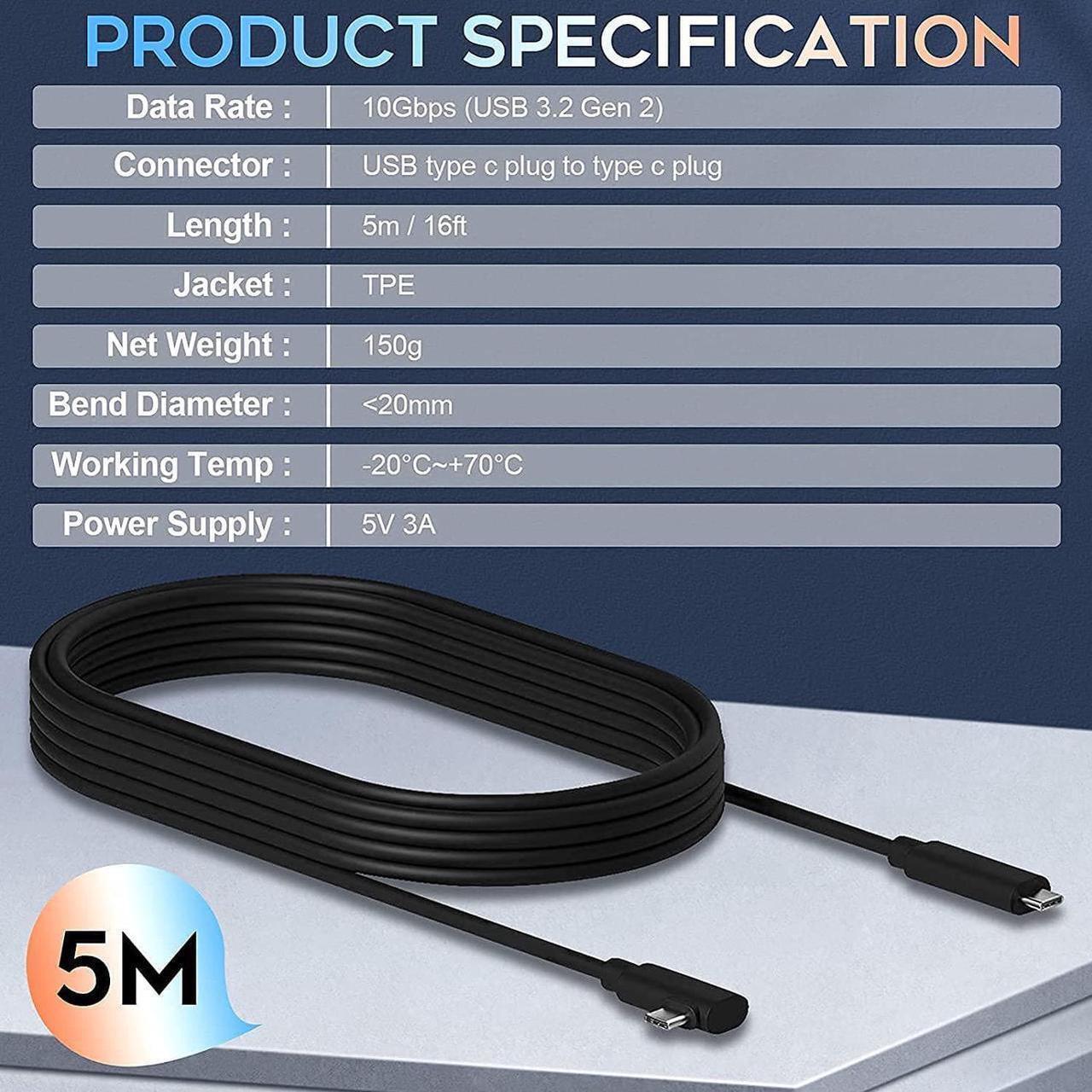 Alt view image 3 of 7 - 16FT/5M USB C to USB C High Speed Data Transfer & Fast Charging Cord 90 Degree Angled Cable Compatible for Oculus Link Quset 2 and Quest Steam VR, USB 3.2 Gen 2 10Gbps Virtual Reality Headset Cable