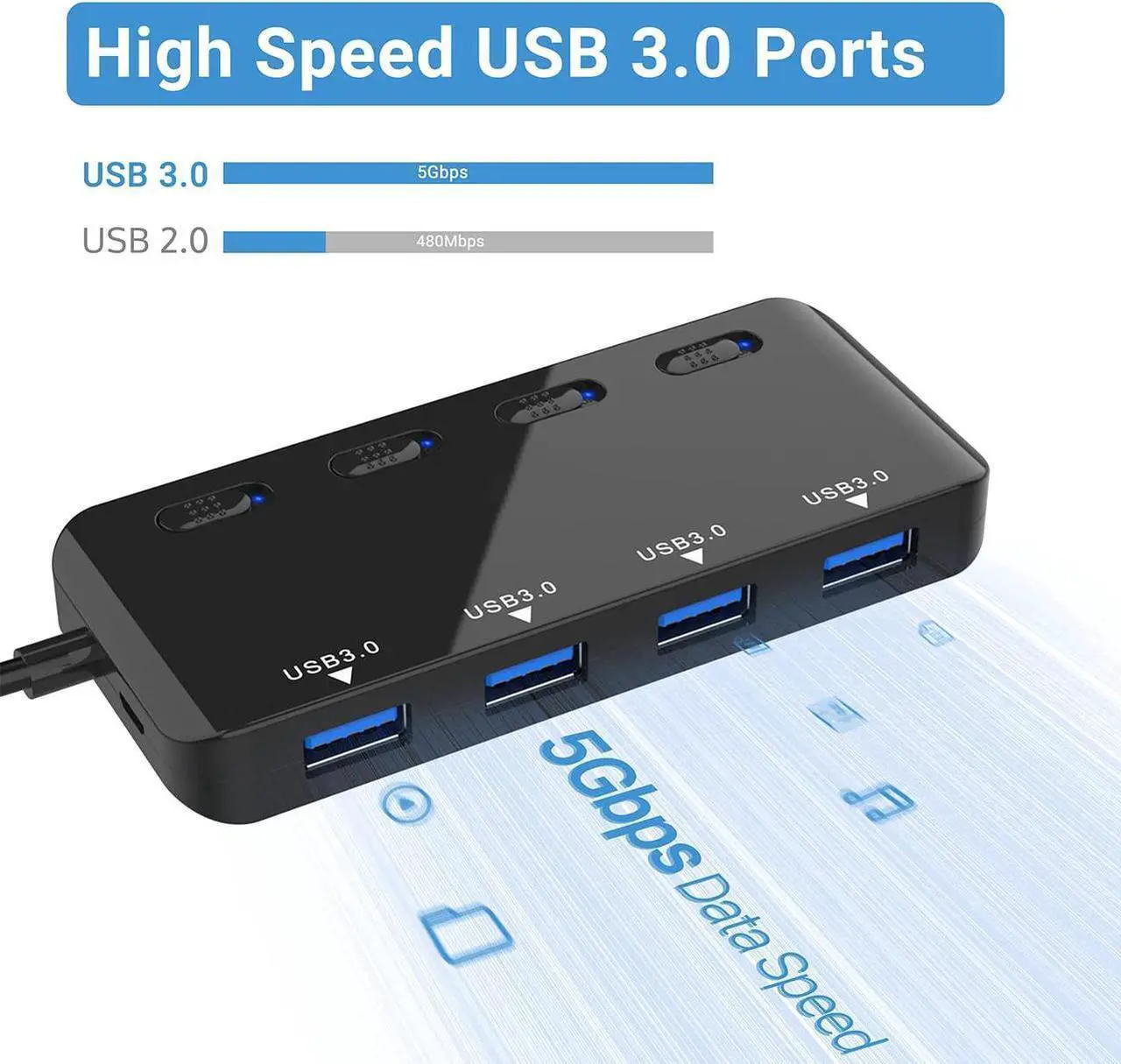 Alt view image 3 of 7 - USB 3.0 Hub, 4-Port USB3.0 Splitter with Individual LED Power Switches, Ultra Slim USB extension for PC, MacBook, Mac Pro/Mini, iMac, Surface Pro, USB Flash Drives, etc.