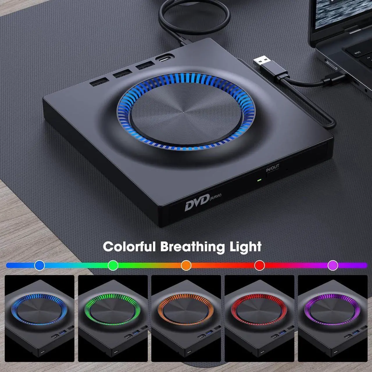 Main image of AUTYUE External CD DVD Drive with 3* USB A & 1* USB-C Ports Hub and SD Card Slot, Portable CD/DVD-ROM +/-RW Disk Drive Player Burner Reader Writer for Laptop Mac PC Windows 11/10/8/7 Linux Computer