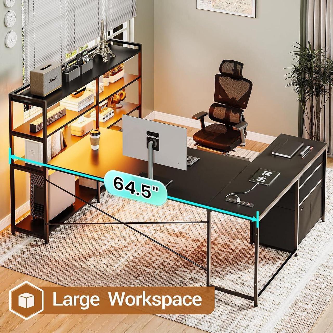 Alt view image 5 of 7 - L Shaped Gaming Desk, Reversible U Shaped Computer Desk with Power Outlet and Storage Shelves, Gaming Desk with LED Strip, 3 Fabric Drawers, Black
