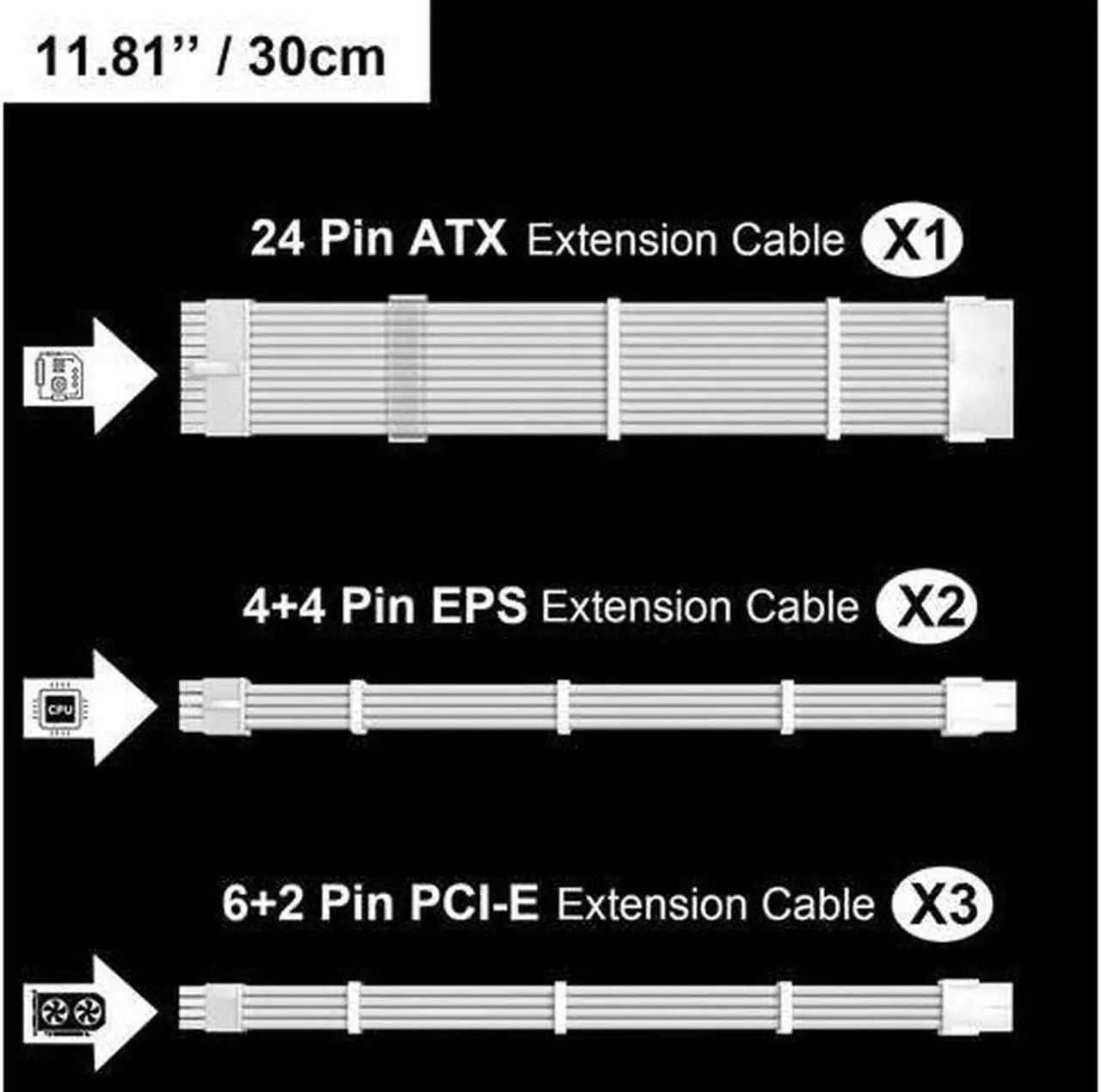 Alt view image 4 of 6 - BUCIER White PSU Extension Cable Kit,Custom Sleeved Power Supply Cable Mod for PC Build 18AWG 24Pin ATX /8 (4+4) Pin EPS CPU Cable /8 (6+2) Pin PCI-E GPU PSU Cables 6PCS with Cable Comes