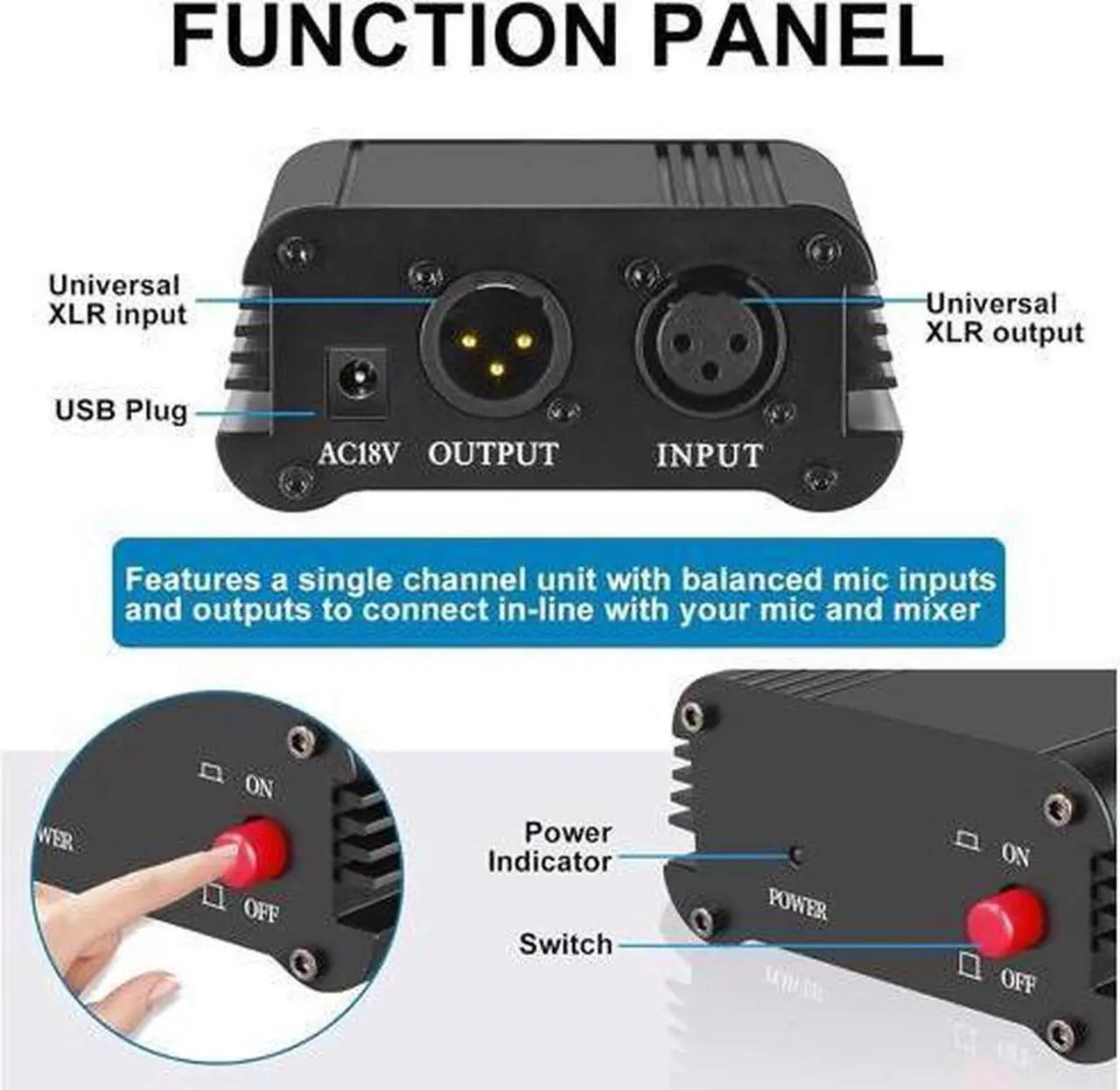 Alt view image 4 of 6 - BUCIER 1Channel 48V Phantom Power Supply with Adapter BONUS+XLR 3 Pin Microphone Cable for Any Condenser Microphone Music Recording Equipment