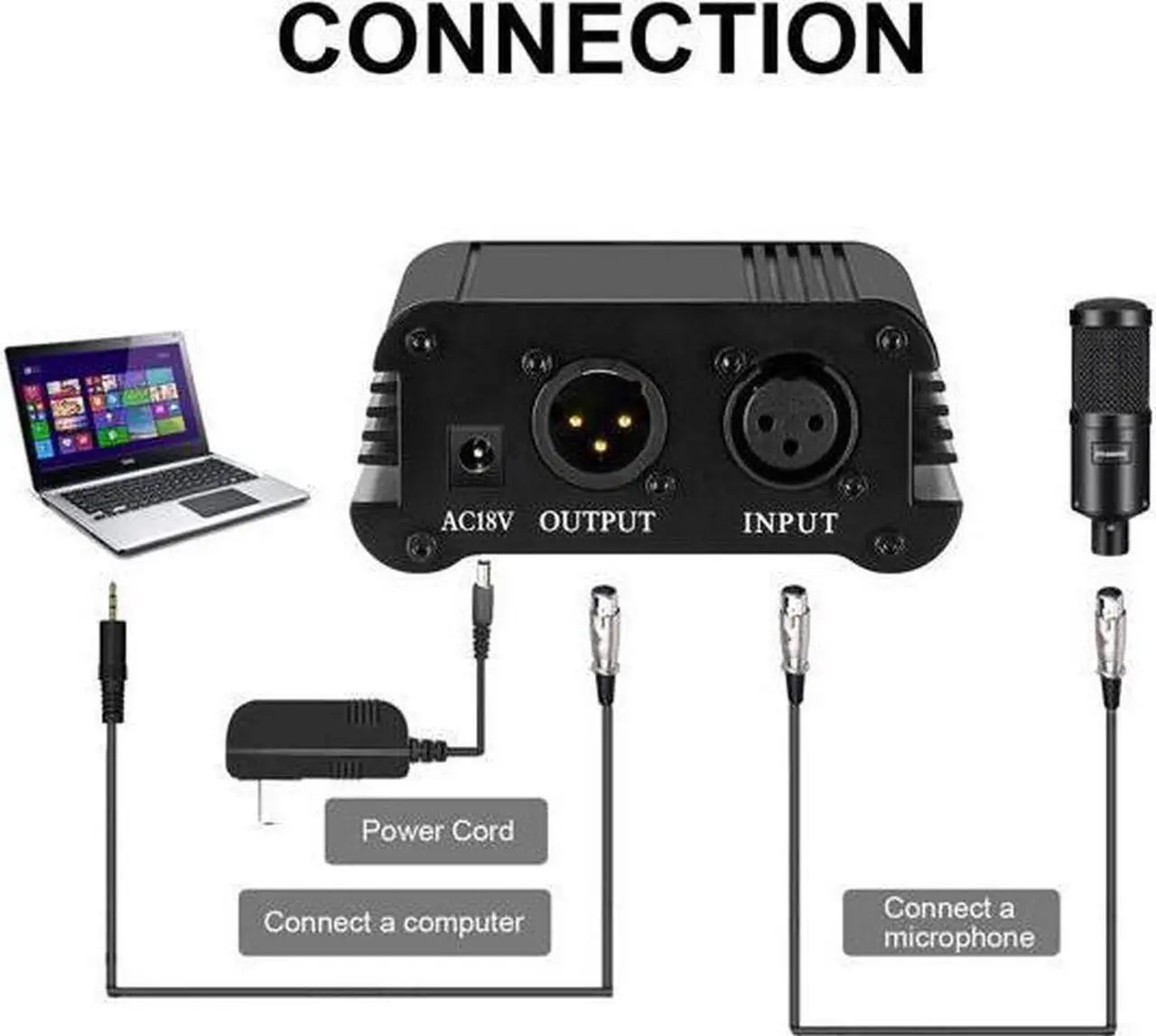 Alt view image 3 of 6 - BUCIER 1Channel 48V Phantom Power Supply with Adapter BONUS+XLR 3 Pin Microphone Cable for Any Condenser Microphone Music Recording Equipment