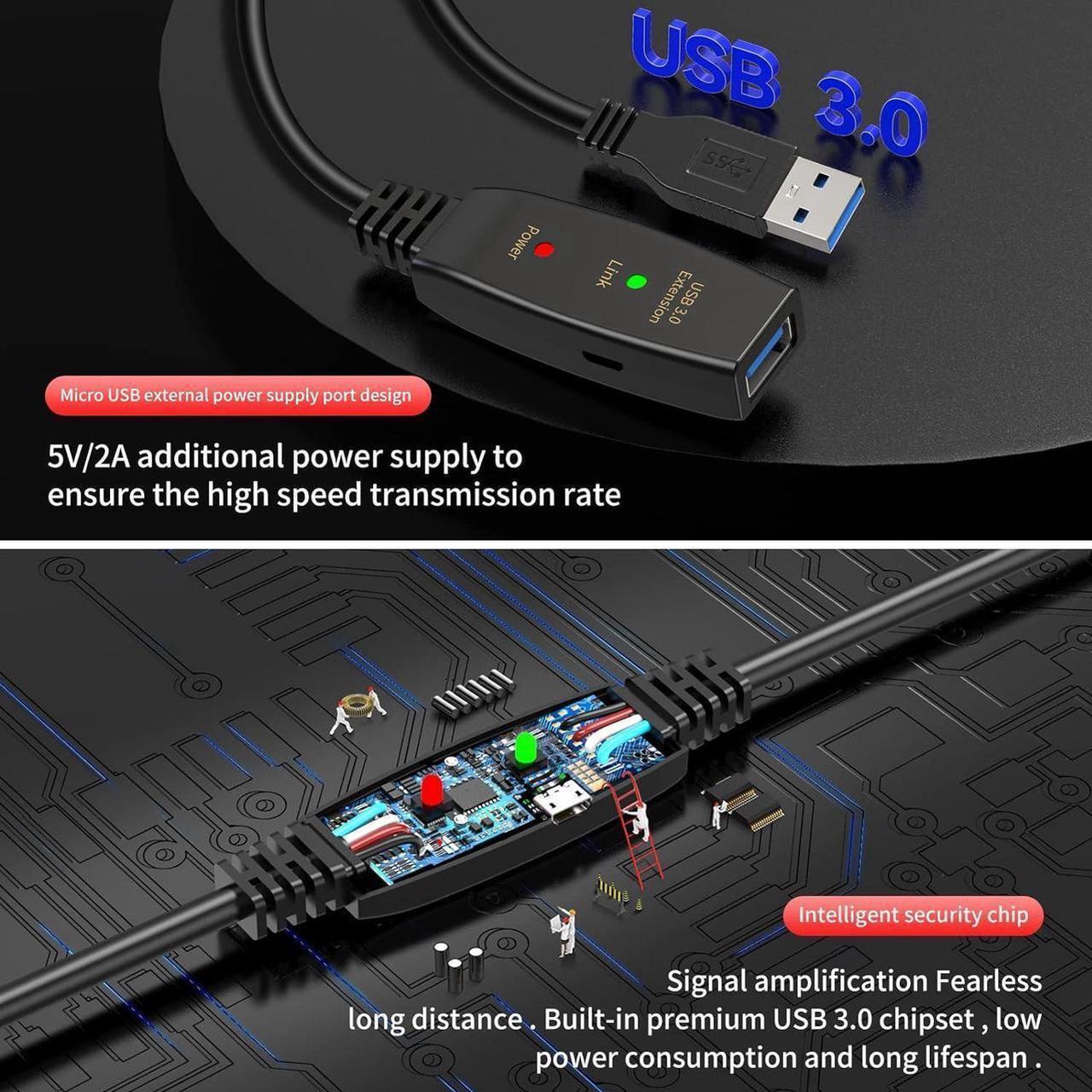 Alt view image 4 of 7 - USB 3.0 Active Extension Cable 50FT, Long USB Type-A Male to Female Extender Cord, Built-in A Signal Booster Smart Chip, 5Gbps Transfer, for Printer, Xbox, Webcam, VR, Hard Drive, USB Hub